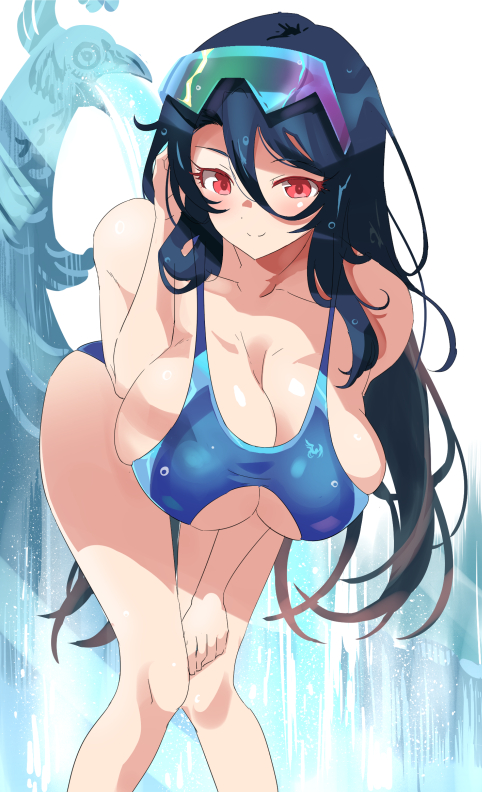 ishizu kayu, taihou (azur lane), azur lane, commentary request, 1girl, bird, black hair, blue one-piece swimsuit, breasts, cleavage, competition swimsuit, eyewear on head, feet out of frame, highleg, highleg one-piece swimsuit, large breasts, leaning forward, long hair, one-piece swimsuit, red eyes, solo, sunglasses, swimsuit