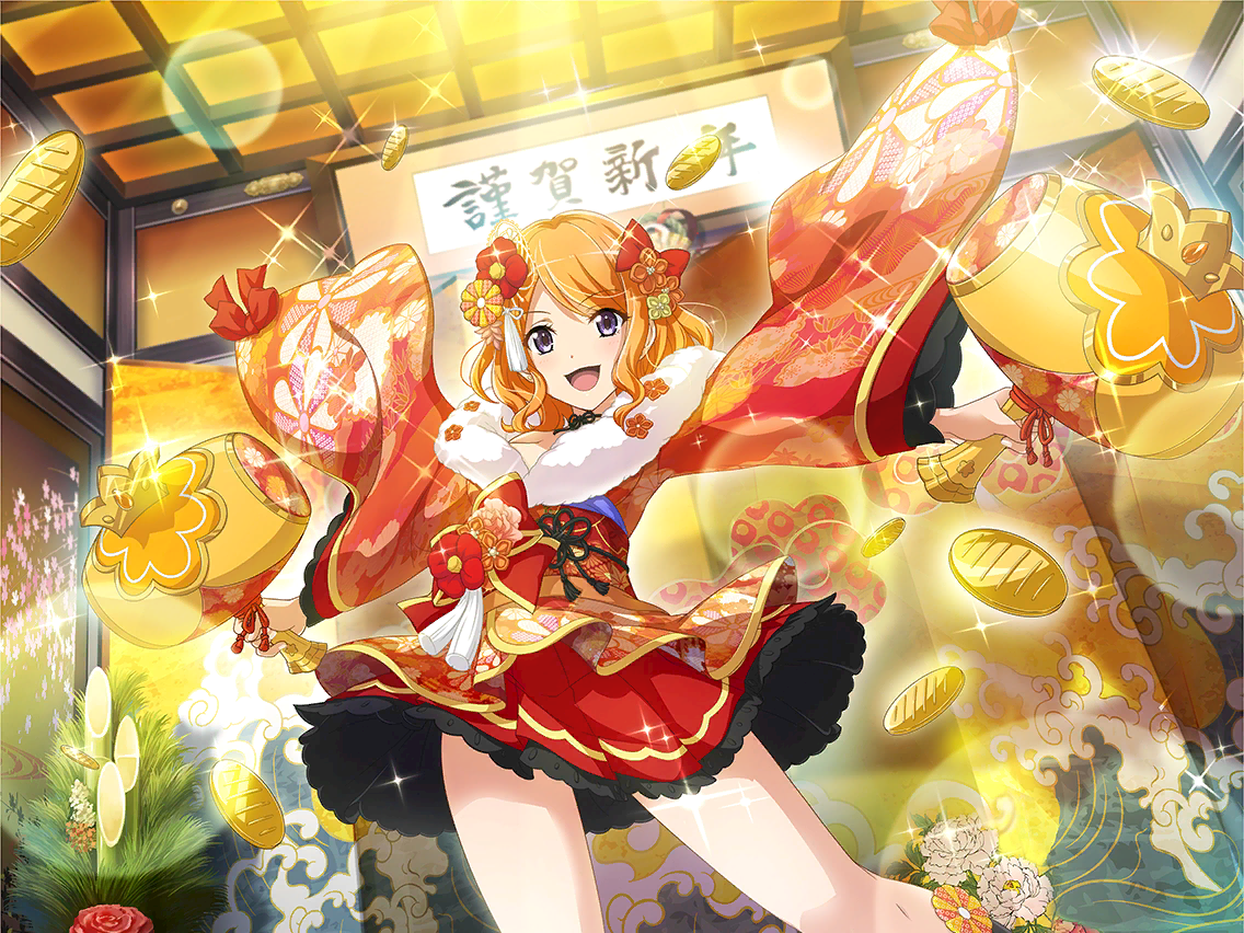 ebisu tsukasa, kanagawa okinami ura, shoujo kageki revue starlight, shoujo kageki revue starlight -re live-, game cg, official art, translation request, 1girl, coin, dual wielding, fine art parody, fur-trimmed kimono, fur trim, hair ornament, hammer, holding, holding hammer, japanese clothes, kimono, long sleeves, looking at viewer, obi, open mouth, orange hair, parody, red kimono, sash, short hair, solo, standing, upper body, wavy hair, wide sleeves