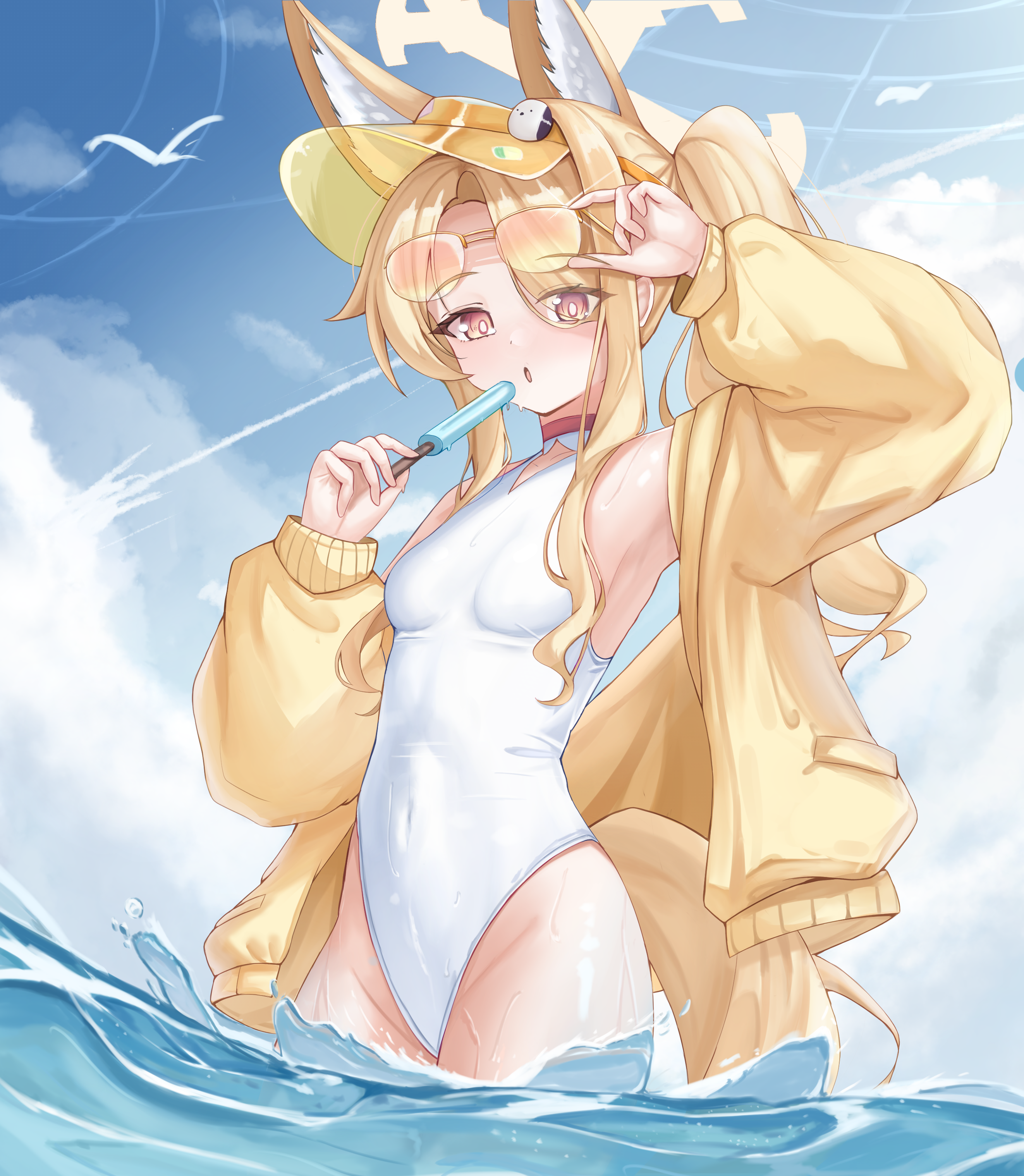 harveythenerdy, seia (blue archive), seia (swimsuit) (blue archive), blue archive, absurdres, highres, animal ear fluff, animal ears, blonde hair, blue sky, breasts, clothing cutout, cloud, contrail, covered navel, cross halo, day, diamond cutout, fox ears, fox girl, fox tail, halo, highleg, highleg one-piece swimsuit, jacket, long hair, looking at viewer, official alternate costume, official alternate hairstyle, one-piece swimsuit, orange-tinted eyewear, orange eyes, outdoors, popped collar, side ponytail, sky, small breasts, sunglasses, swimsuit, tail, tinted eyewear, visor cap, wading, water, white one-piece swimsuit, yellow halo, yellow jacket, yellow visor