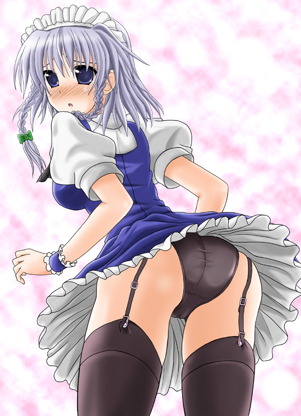 anno9232, anno shin, izayoi sakuya, touhou, eyebrows, silver hair, 1girl, bent over, black panties, black thighhighs, blue eyes, blush, bow, braid, breasts, dress, embarrassed, female focus, garter straps, hair bow, hair ornament, hair over shoulder, hairband, legs apart, looking at viewer, looking back, maid, maid headdress, medium breasts, no pupils, open mouth, panties, pantyshot, puffy short sleeves, puffy sleeves, short hair, short sleeves, sleeve cuffs, solo, standing, thighhighs, twin braids, underwear, upskirt