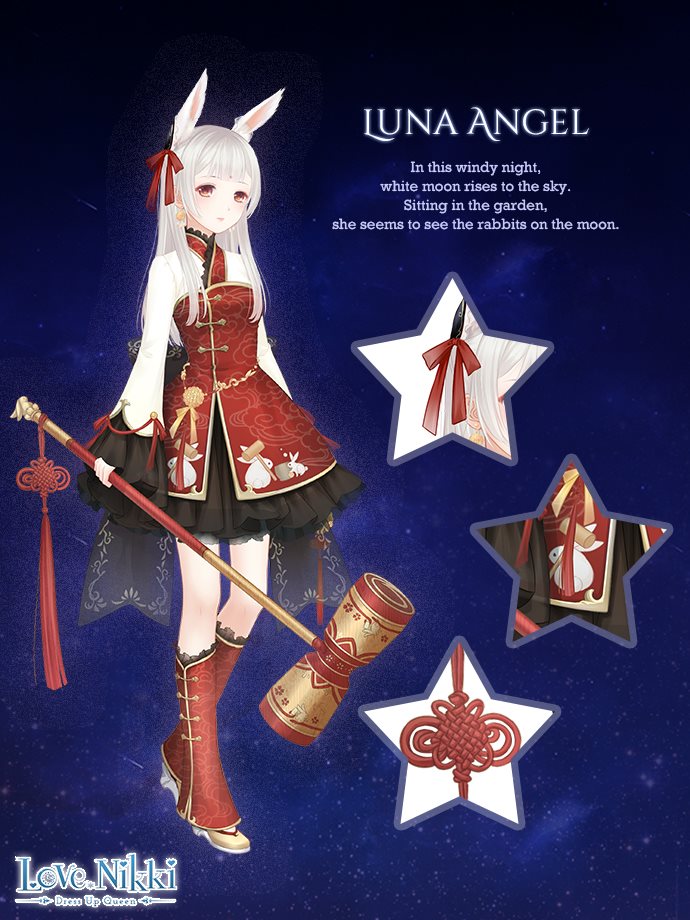 luna angel (miracle nikki), miracle nikki, nikki (series), artist request, official art, third-party source, 1girl, animal ear fluff, animal ears, animal print, back bow, bell, bell earrings, black bow, black skirt, blunt bangs, bow, brown eyes, character name, chinese clothes, close-up, closed mouth, cloud print, copyright logo, dot nose, dress, dress bow, ear bow, earrings, english text, expressionless, extra ears, eyelashes, frilled shirt, frilled skirt, frilled sleeves, frills, full body, hammer, high heels, holding, holding hammer, jewelry, lace-trimmed leg warmers, leg warmers, light blush, lips, logo, long hair, long sleeves, looking at viewer, miniskirt, night, pink lips, pleated skirt, print dress, pumps, rabbit ears, rabbit girl, rabbit print, red bow, red dress, red leg warmers, shirt, shirt under dress, shoes, short dress, sidelocks, skirt, skirt under dress, sky, sleeves past wrists, solo, standing, star (sky), star (symbol), starry sky, straight hair, strapless, strapless dress, tareme, white hair, white shirt, xiangyun, yellow bow, yellow shoes