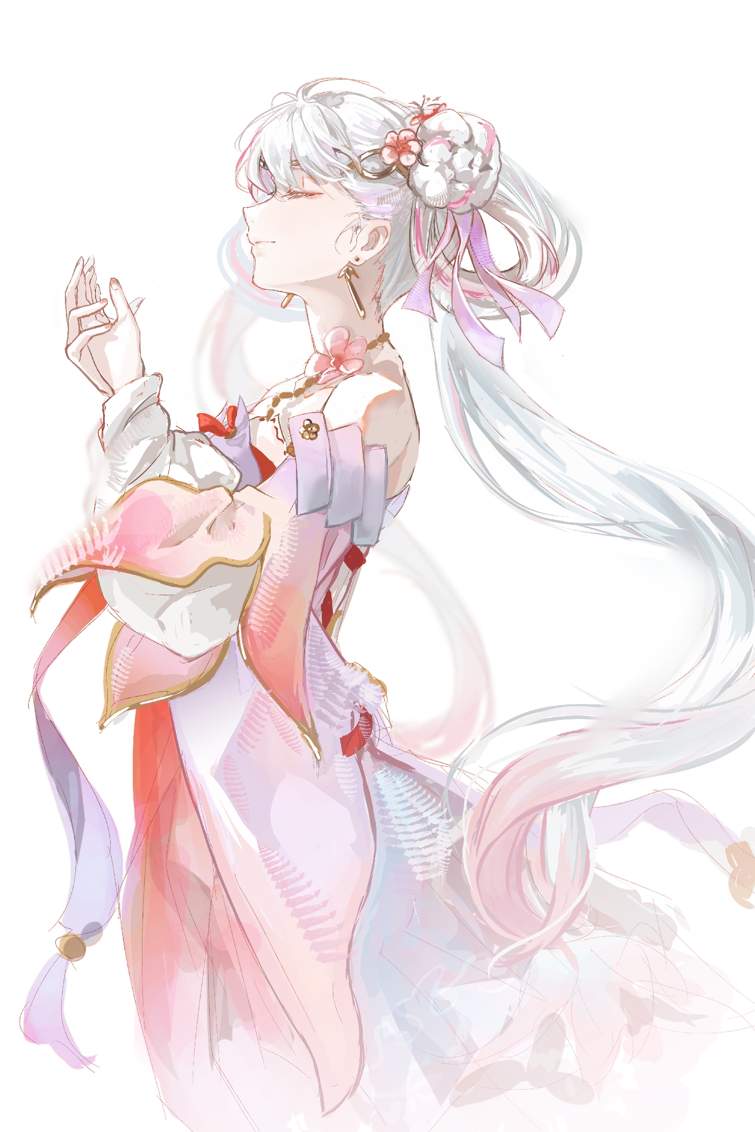 minglu (gululu), jinhsi (peach blossom) (wuthering waves), jinhsi (wuthering waves), wuthering waves, commentary request, highres, 1girl, bare shoulders, closed eyes, earrings, flower, flower on head, gold, hair bun, japanese clothes, jewelry, kimono, long hair, official alternate costume, smile, white background