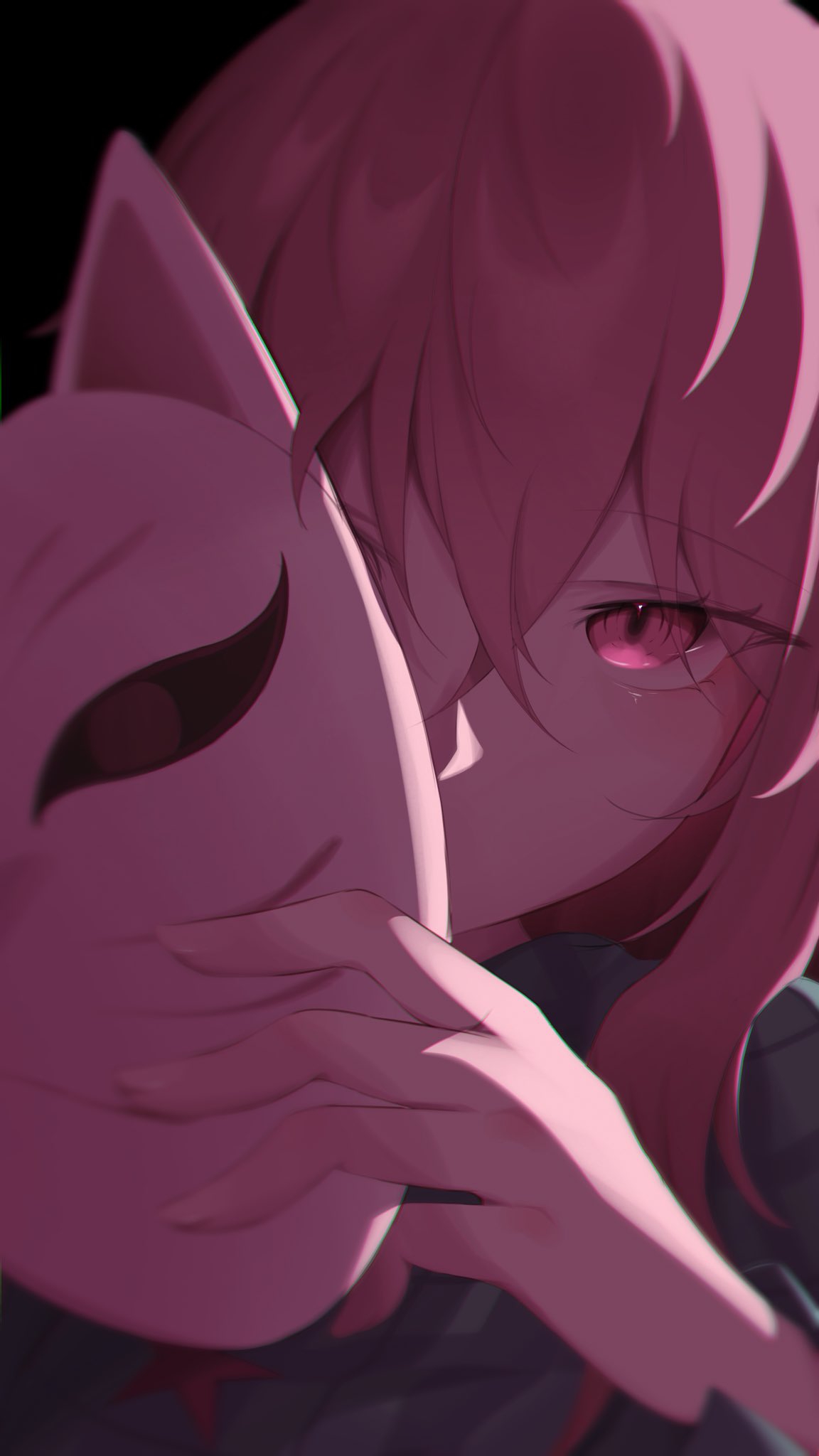 25omega25, hata no kokoro, touhou, commentary request, highres, 1girl, fox mask, holding, holding mask, long sleeves, looking at viewer, mask, pink eyes, pink hair, solo