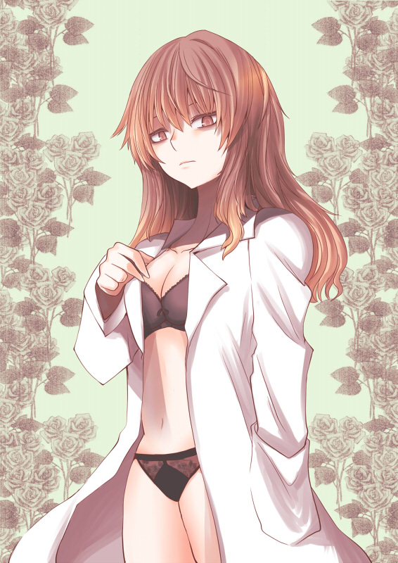 hane (hanegoya), kiyama harumi, toaru kagaku no railgun, toaru majutsu no index, 00s, bags under eyes, bra, brown eyes, brown hair, lingerie, navel, open clothes, open shirt, panties, shirt, solo, underwear
