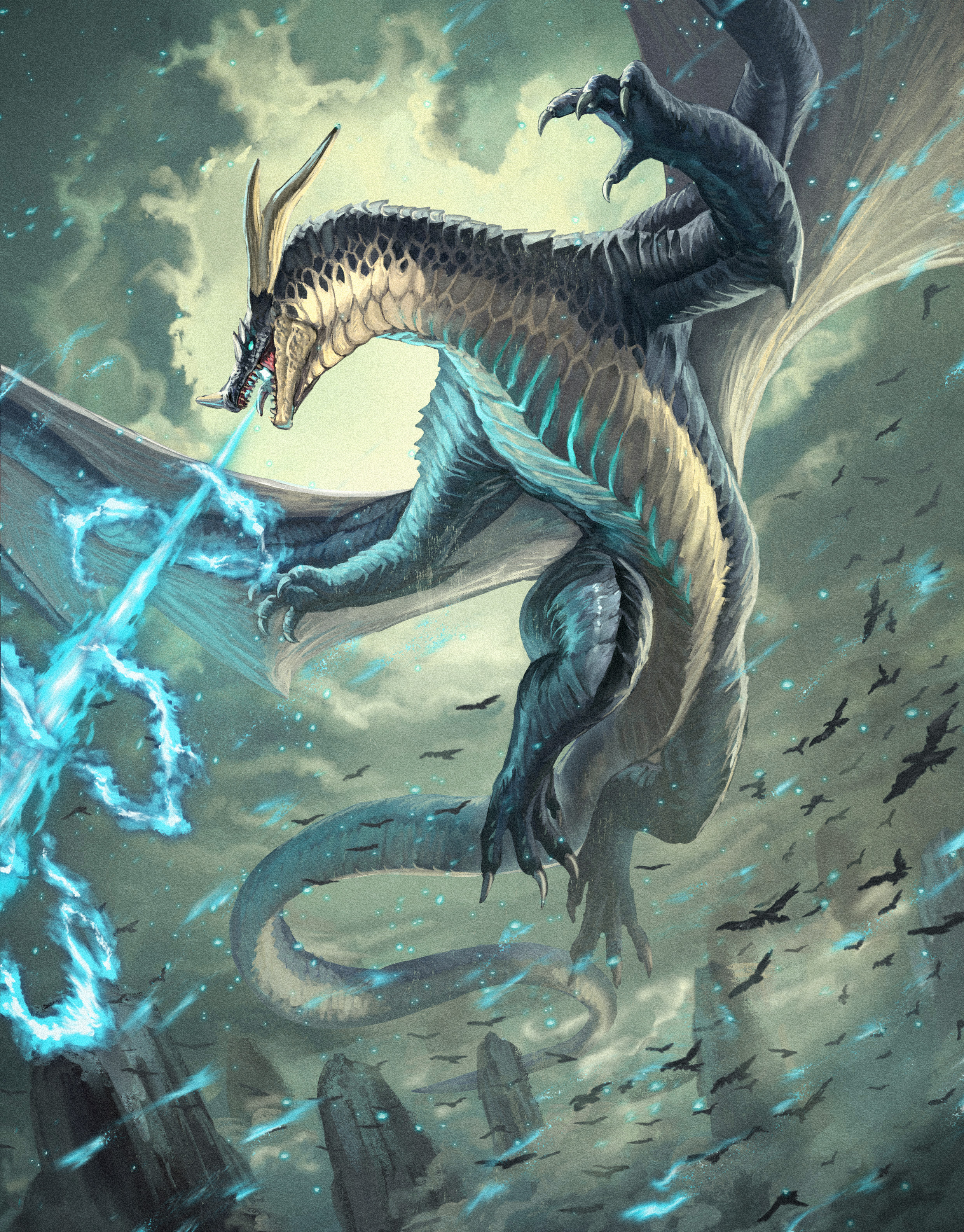 robuja, original, absurdres, highres, animal, bird, black skin, blue fire, breath, claws, cloud, cloudy sky, colored skin, dragon, fire, flying, horns, mountain, open mouth, rock, scales, scenery, sharp teeth, sky, teeth, wings