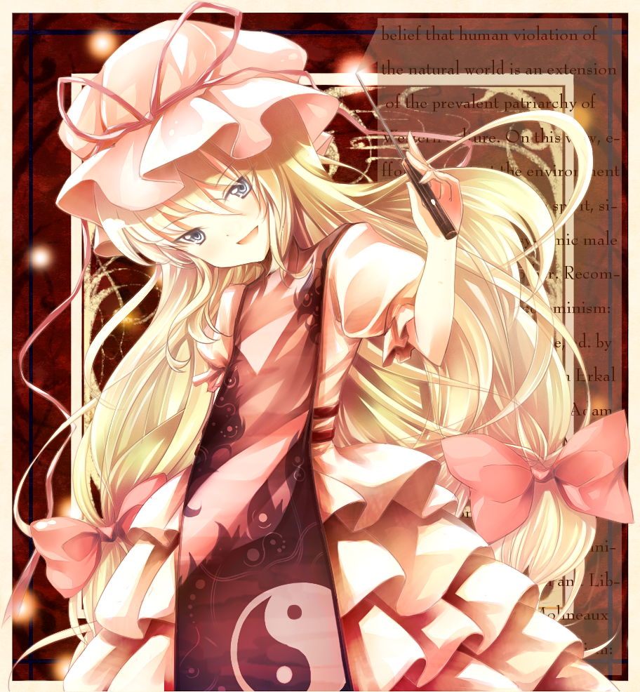otogi kyouka, yakumo yukari, touhou, 1girl, blonde hair, blue eyes, female focus, hat, long hair, screwdriver, solo