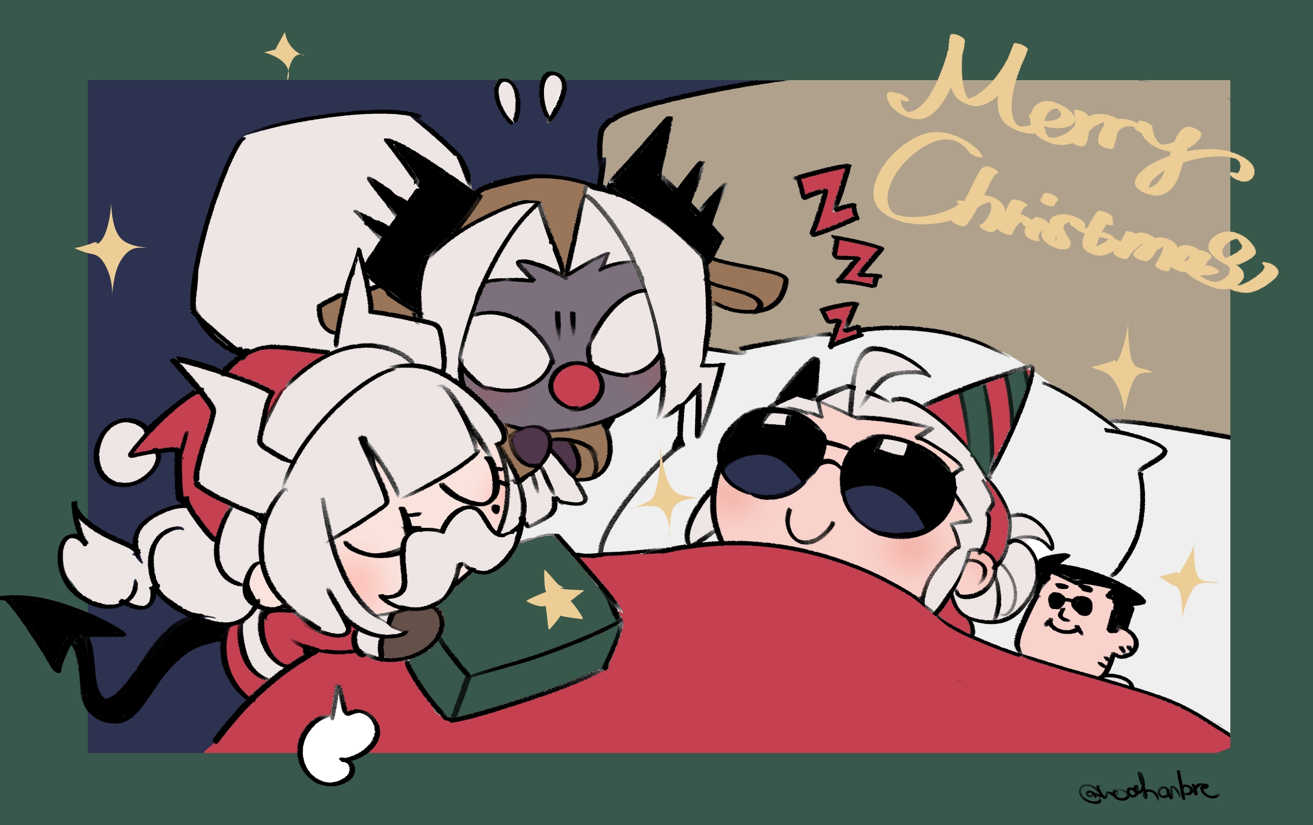 noah (tettsui-sole), helltaker (character), judgement (helltaker), justice (helltaker), lucifer (helltaker), helltaker, highres, 1boy, 3girls, ahoge, animal costume, closed mouth, colored skin, demon girl, demon horns, demon tail, facial hair, grey skin, hat, holding, holding sack, horns, merry christmas, mole, mole under eye, multiple girls, mustache, party hat, red nose, reindeer costume, sack, santa costume, sleeping, smile, sunglasses, tail, twitter username, under covers, white hair, white horns, zzz