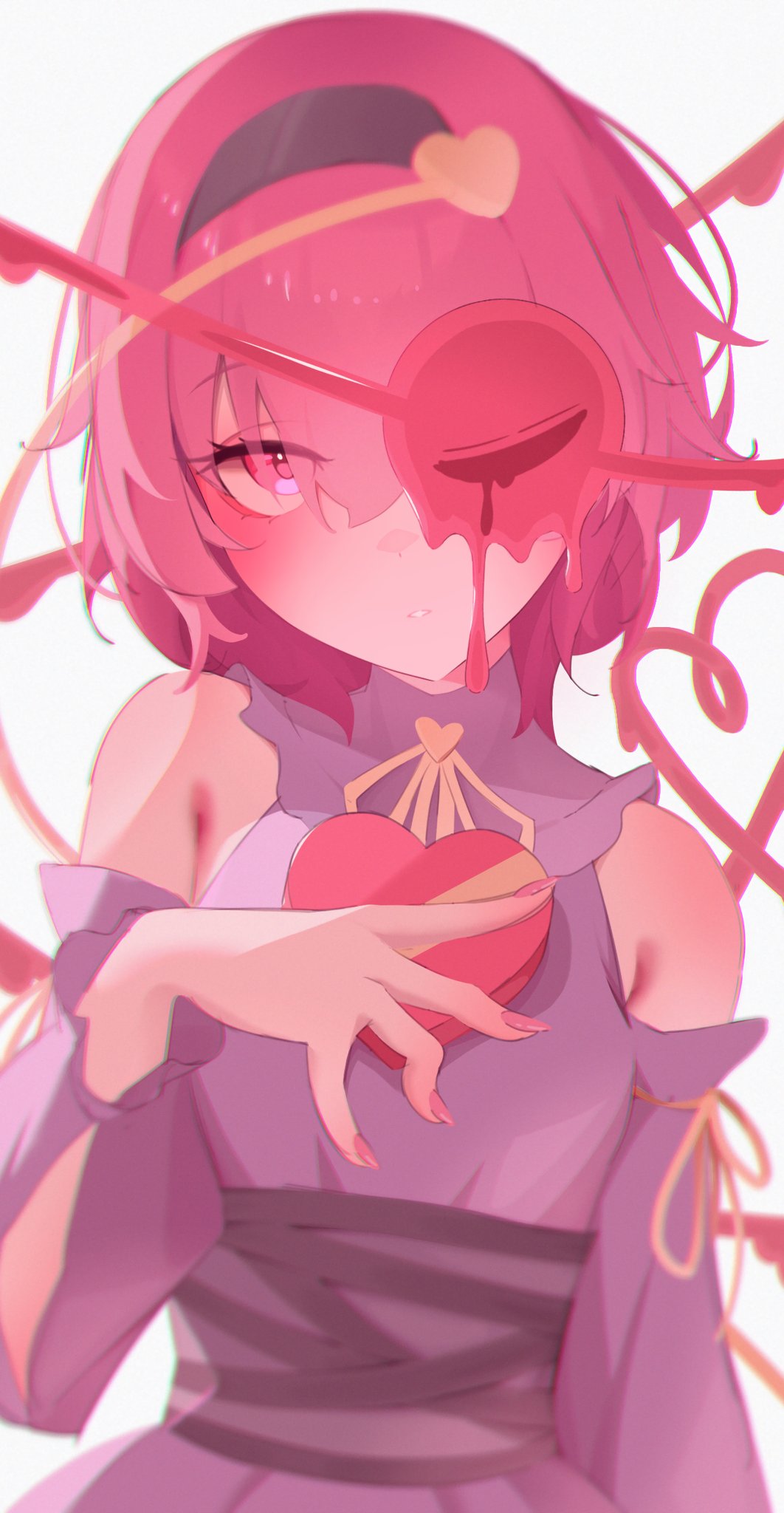 25omega25, komeiji satori, touhou, commentary, highres, 1girl, alternate costume, black hairband, blush, detached sleeves, dress, eyeball, hair ornament, hairband, heart, heart hair ornament, heart of string, looking at viewer, melting, pink eyes, pink hair, pink nails, purple dress, sleeveless, sleeveless dress, solo, third eye