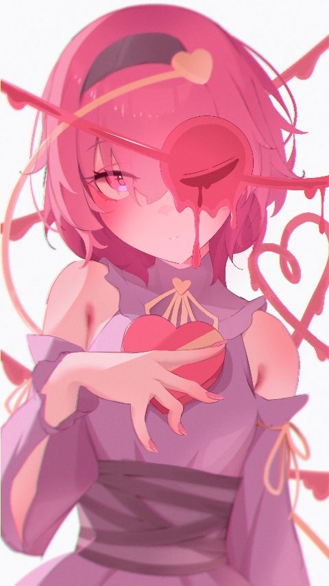 25omega25, komeiji satori, touhou, commentary request, 1girl, alternate costume, black hairband, blush, detached sleeves, dress, eyeball, hair ornament, hairband, heart, heart hair ornament, heart of string, looking at viewer, melting, pink eyes, pink hair, pink nails, purple dress, sleeveless, sleeveless dress, solo, third eye