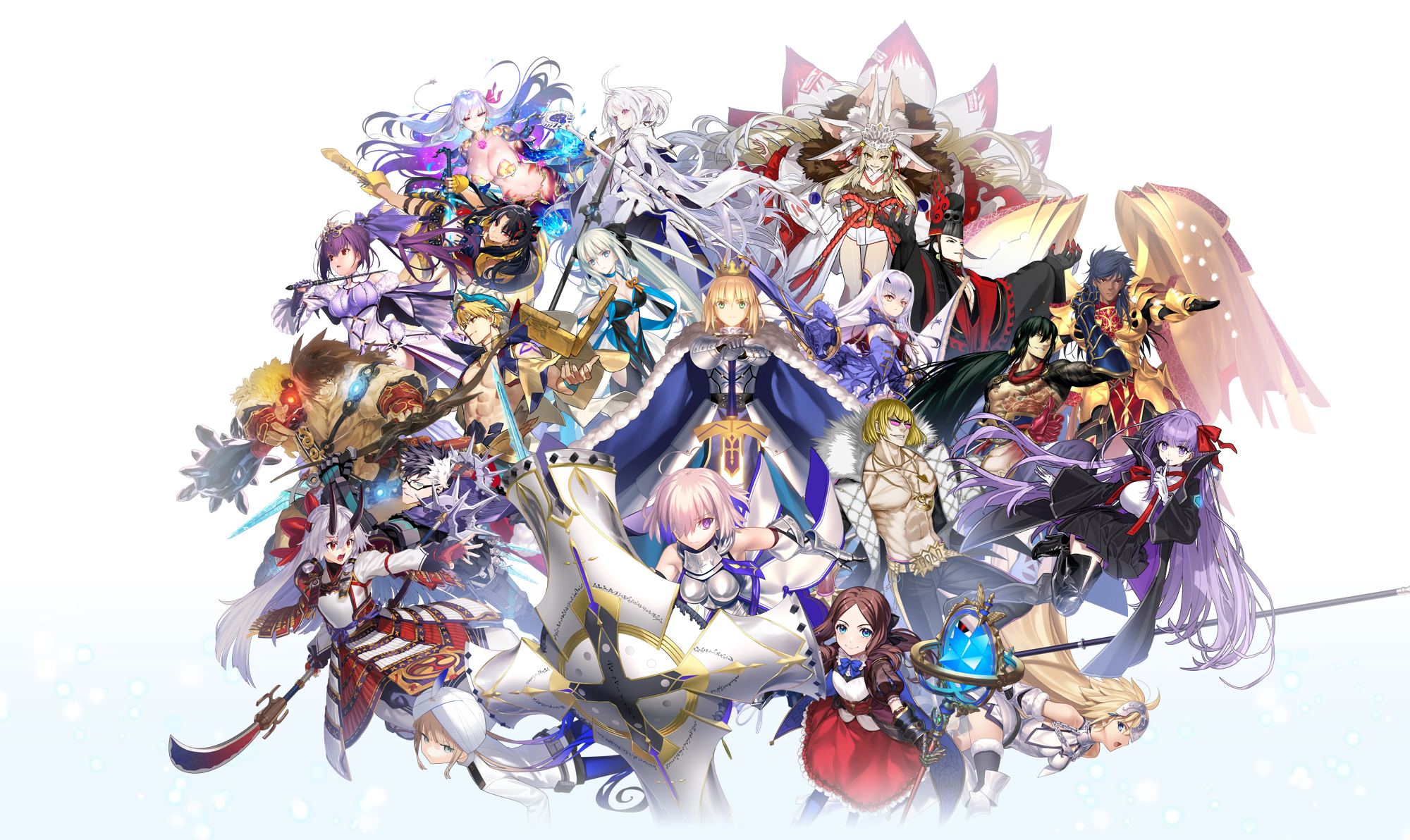 astg, choco (chocolate shop), furumi showichi, ginka sima, honjou raita, i-iv (longman), koyama hirokazu, miwa shirow, morii shizuki, redrop, shima udon, shirabi, simosi, taiki (luster), takeuchi takashi, wada arco, artoria pendragon (fate), ashiya douman (fate), ashiya douman (third ascension) (fate), bb (fate), bb (fate/extra), captain nemo (fate), captain nemo (first ascension) (fate), gilgamesh, gilgamesh (caster) (fate), gilgamesh (fate), ishtar (fate), jeanne d'arc (fate), jeanne d'arc (ruler) (fate), jeanne d'arc (third ascension) (fate), kama (adult) (fate), kama (assassin) (third ascension) (fate), kama (fate), kama (third ascension) (fate), koyanskaya (fate), koyanskaya (lostbelt beast:iv) (fate), lady avalon (fate), lady avalon (first ascension) (fate), leonardo da vinci (fate), leonardo da vinci (fate/grand order), leonardo da vinci (rider) (fate), leonardo da vinci (rider) (first ascension) (fate), mash kyrielight, mash kyrielight (paladin), melusine (fate), melusine (second ascension) (fate), merlin (fate/prototype), morgan le fay (fate), morgan le fay (second ascension) (fate), nemo (fate), romulus quirinus (fate), romulus quirinus (third ascension) (fate), saber (fate), sakata kintoki (fate), sakata kintoki (third ascension) (fate), scathach (fate), scathach skadi (fate), scathach skadi (third ascension) (fate), sigurd (fate), space ishtar (fate), space ishtar (second ascension) (fate), super orion (fate), tomoe gozen (fate), tomoe gozen (second ascension) (fate), yan qing (fate), fate/grand order, fate (series), artist request, check artist, highres, key visual, official art, promotional art, second-party source, 6+boys, 6+girls, armor, black hair, blonde hair, blue hair, breasts, brown hair, cape, cleavage, coat, colored inner hair, crown, dress, glasses, gloves, grey hair, group picture, hair ornament, hair ribbon, hand on hilt, hat, holding, holding polearm, holding shield, holding staff, holding sword, holding wand, holding weapon, horns, jacket, japanese clothes, kimono, long hair, multicolored hair, multiple boys, multiple girls, open mouth, pantyhose, pink hair, polearm, ponytail, purple hair, ribbon, saber (third ascension) (fate), shield, shirt, shoes, short hair, skirt, smile, staff, sunglasses, sword, tattoo, topless male, turban, two side up, wand, weapon, white background, white hair