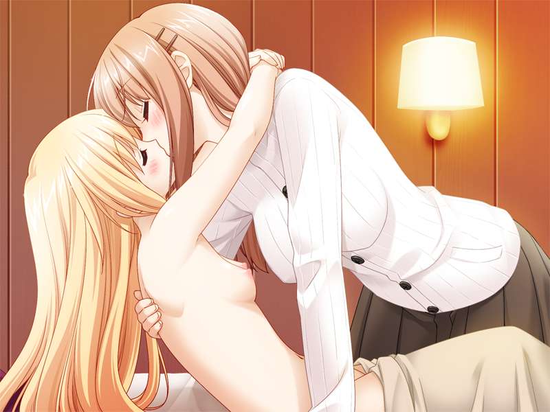 kani biimu, houraisen runa, suminoe takako, sono hanabira ni kuchizuke wo, 2girls, age difference, arms around neck, bed, blonde hair, blush, breasts, brown hair, closed eyes, clothed female nude female, hair down, hug, kiss, loli, long hair, multiple girls, nipples, no panties, nude, onee-loli, room, sideboob, skirt, teacher and student, yuri