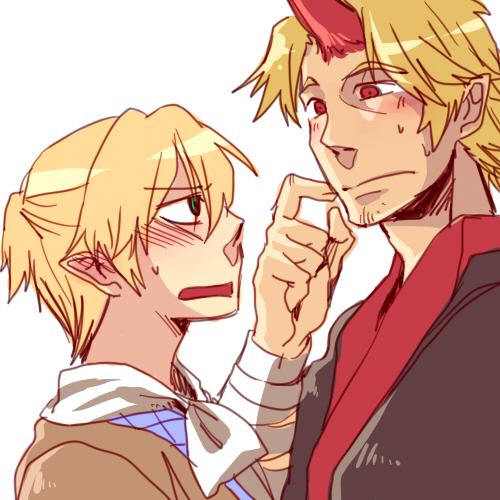 re ghotion, hoshiguma yuugi, mizuhashi parsee, touhou, gender request, lowres, 1boy, 1girl, bandages, blonde hair, blush, genderswap, green eyes, horns, oni, open mouth, pointy ears, profile, scarf, short hair, simple background, single horn, sweatdrop