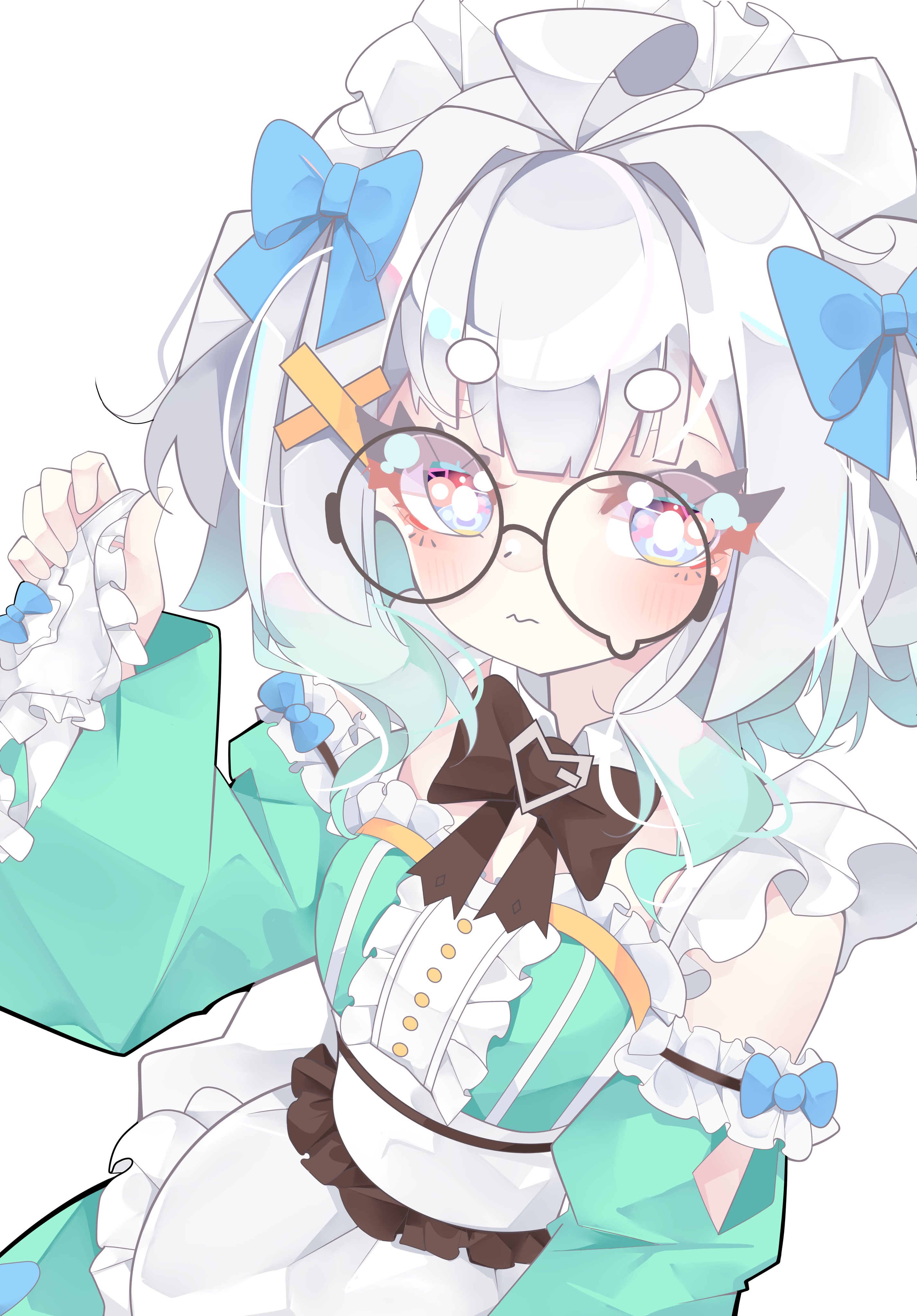 berrychan00, mint fantome, mint fantome (minto 2.0), densetsu.exe, absurdres, highres, 1girl, aqua dress, aqua sleeves, black-framed eyewear, blue eyes, blush, dress, glasses, gradient hair, green eyes, green hair, hair ornament, looking at viewer, multicolored hair, solo, teardrop-framed glasses, x hair ornament