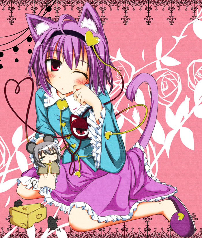 yuma (artist), yuuma (noel), komeiji satori, nazrin, touhou, 2girls, ahoge, animal, animal ears, cat ears, cat girl, cat tail, cheese, chibi, female focus, food, heart, heart of string, kneeling, mouse (animal), multiple girls, one eye closed, purple hair, red eyes, slippers, tail, tears, wink
