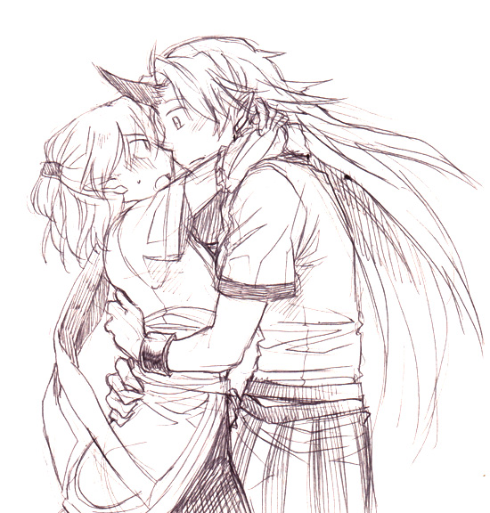 re ghotion, hoshiguma yuugi, mizuhashi parsee, touhou, traditional media, 2girls, arm warmers, blush, couple, cuffs, eye contact, female focus, half updo, horns, hug, imminent kiss, long hair, looking at another, monochrome, multiple girls, open mouth, pointy ears, profile, purple theme, scarf, shackles, shirt, short hair, short sleeves, simple background, single horn, sketch, sweatdrop, t-shirt, yuri