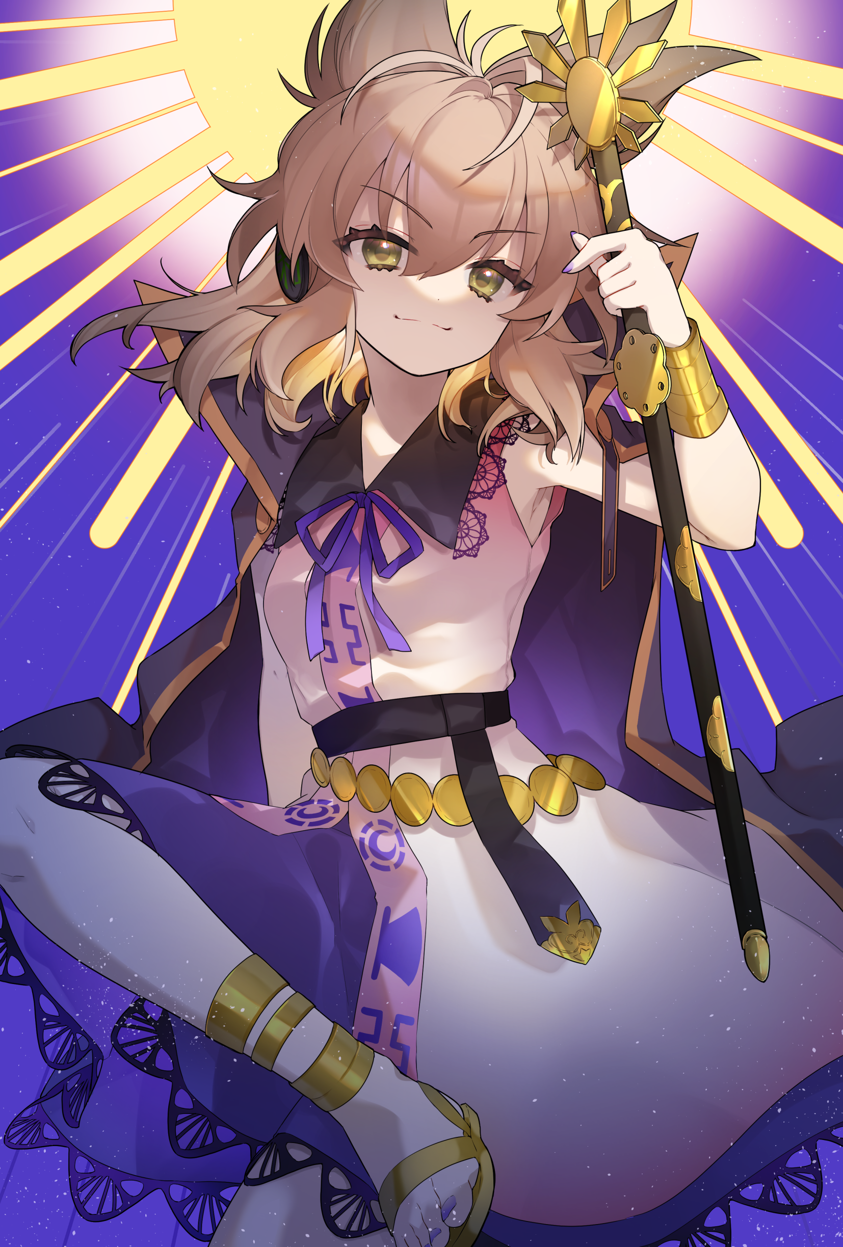 akibotann, toyosatomimi no miko, touhou, absurdres, commentary request, highres, 1girl, blonde hair, bracelet, cape, closed mouth, earmuffs, holding, holding sword, holding weapon, jewelry, long hair, looking at viewer, pointy hair, purple background, purple cape, purple skirt, ritual baton, sheath, sheathed, shirt, skirt, sleeveless, sleeveless shirt, smile, solo, sword, weapon, yellow eyes