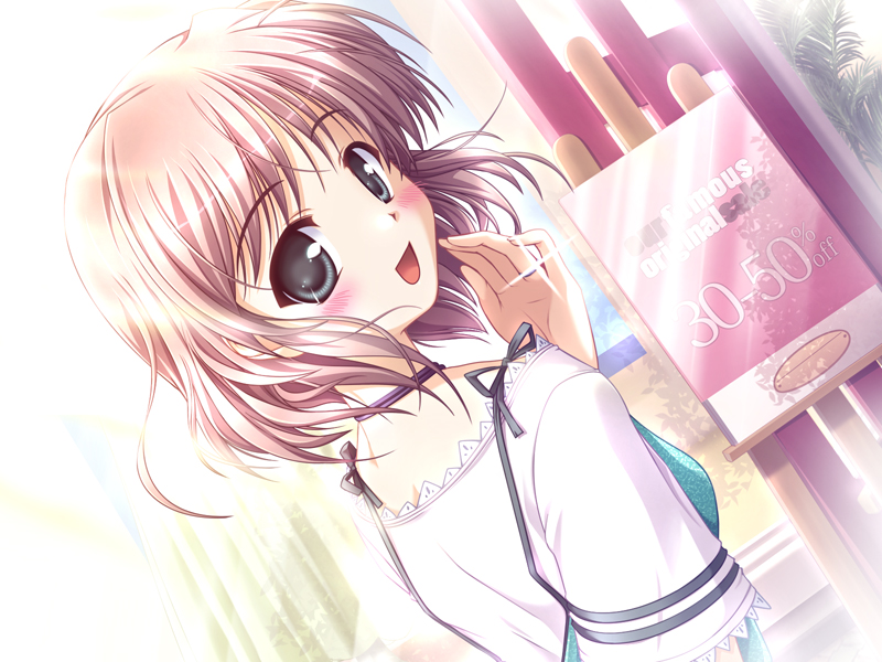 bekkankou, asagiri mai, yoake mae yori ruri iro na, game cg, non-web source, 1girl, blush, brown hair, female focus, green eyes, jewelry, open mouth, ring, smile, solo