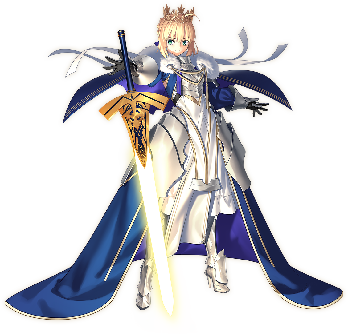 takeuchi takashi, artoria pendragon (fate), lord logres (fate), lord logres (third ascension) (fate), fate/grand order, fate (series), official art, second-party source, 1girl, ahoge, armor, armored boots, armored dress, blonde hair, boots, braid, bun with braided base, cape, clothing cutout, crown, dress, full body, fur-trimmed cape, fur trim, gauntlets, green eyes, hair bun, hair ribbon, outline, ribbon, smile, solo, standing, sword, transparent background, weapon, white outline