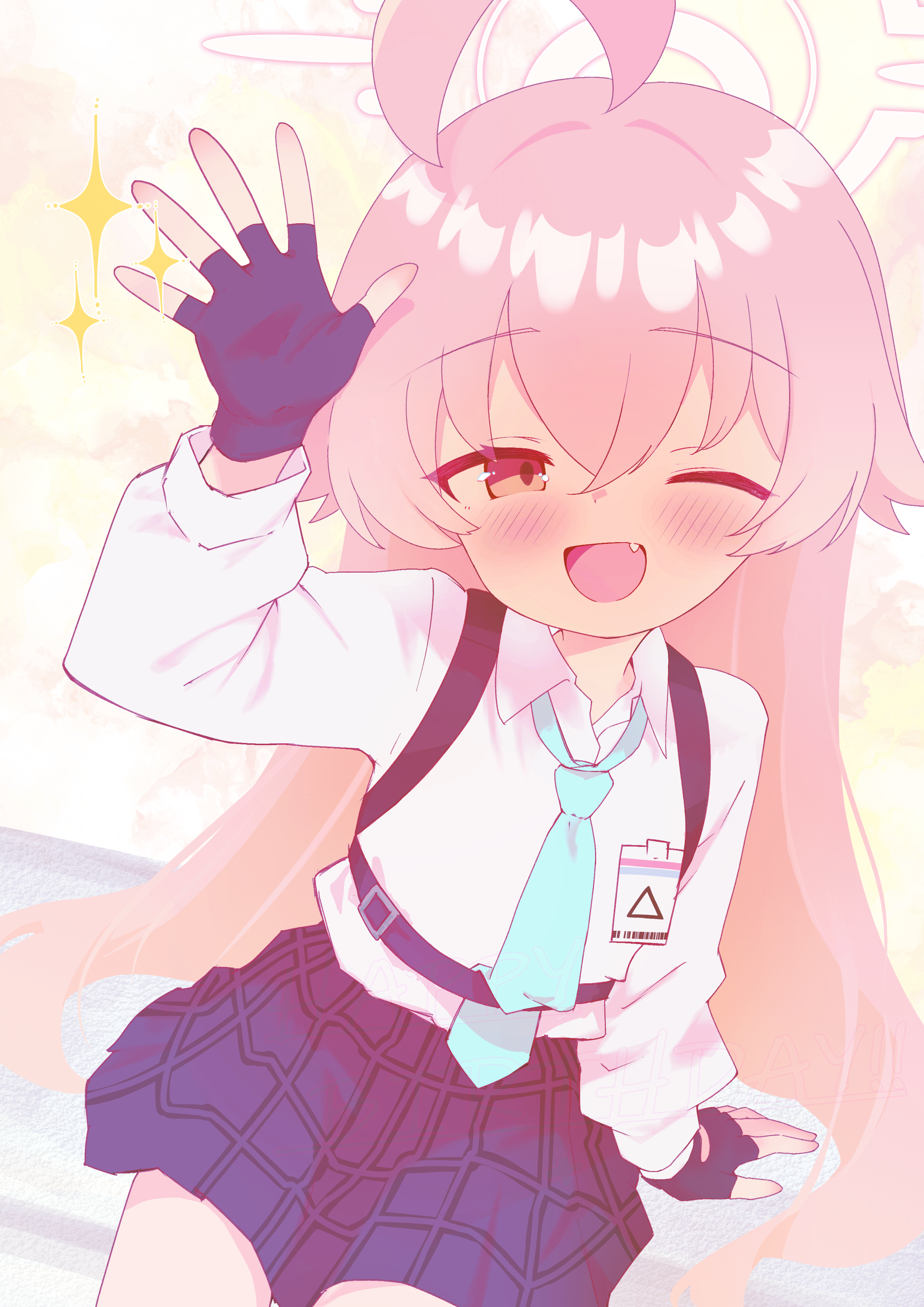 ks aya (gztm4838), hoshino (blue archive), blue archive, absurdres, highres, 1girl, ahoge, black gloves, blue necktie, fang, fingerless gloves, gloves, halo, long hair, necktie, one eye closed, pink hair, shirt, skirt, solo, white shirt