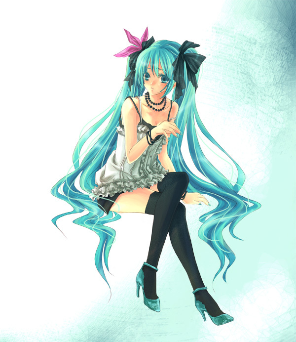 komiki2gou, hatsune miku, vocaloid, world is mine (vocaloid), 1girl, aqua eyes, aqua hair, aqua nails, black thighhighs, crossed legs, female focus, fingernails, hair ribbon, high heels, jewelry, legs, long hair, nail polish, necklace, ribbon, shoes, sitting, skirt, solo, thighhighs, twintails, very long hair, zettai ryouiki