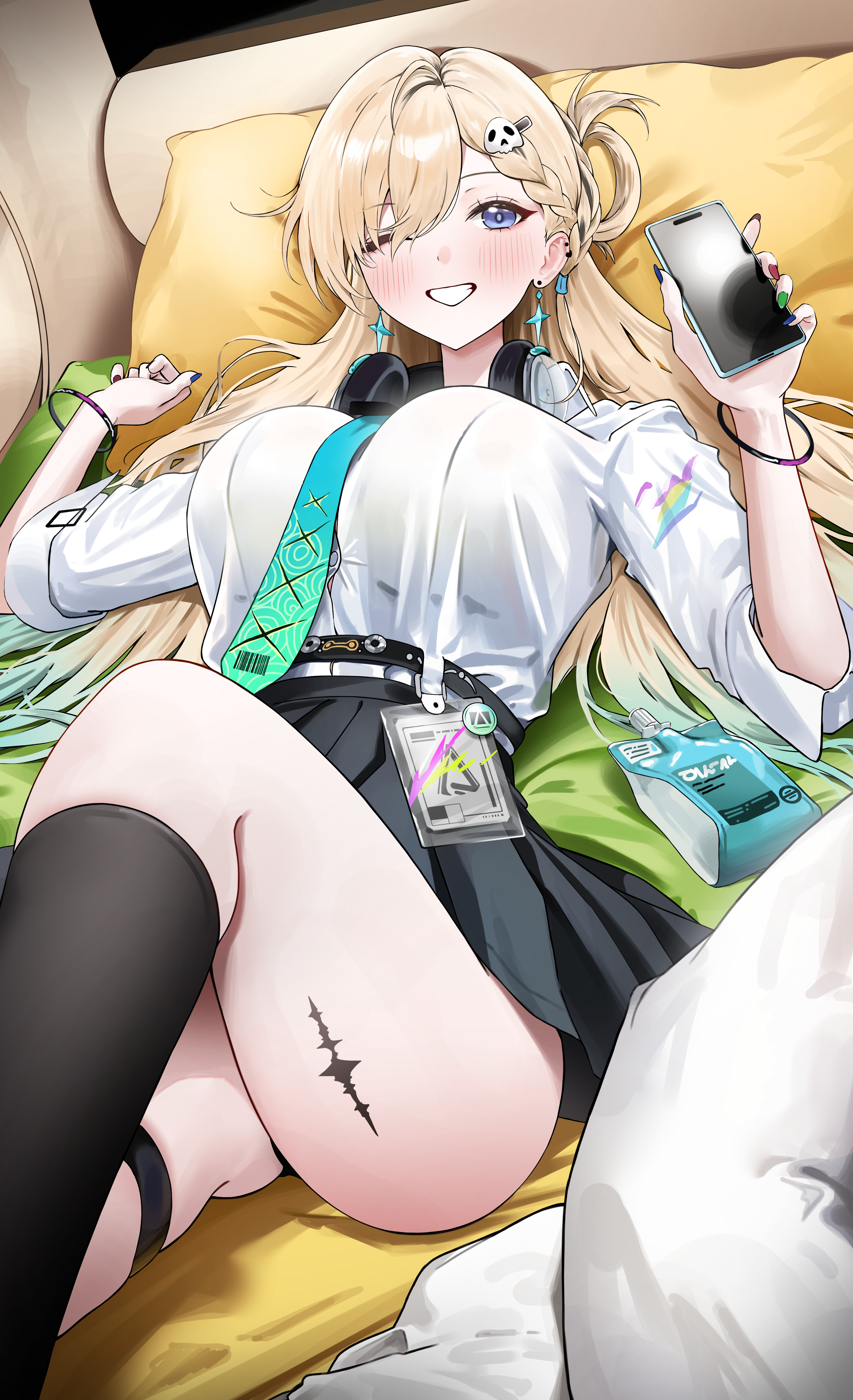 east (east 0o0), lynae (wuthering waves), wuthering waves, absurdres, commentary, highres, 1girl, black skirt, black socks, blue eyes, blush, breasts, cellphone, earrings, fingernails, hair between eyes, hair ornament, headphones, headphones around neck, holding, holding phone, id card, jewelry, large breasts, looking at viewer, lying, on back, one eye closed, phone, shirt tucked in, skirt, skull hair ornament, smartphone, smile, socks, solo, star (symbol), star earrings, tacet mark (wuthering waves)