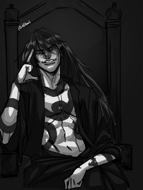 sunny (shadow slave), shadow slave, 1boy, abs, black eyes, black hair, black shirt, cowboy shot, elbow rest, full-body tattoo, grin, hand on lap, long hair, looking at viewer, male focus, messy hair, open clothes, open shirt, pectorals, sh1fted 1, shirt, smile, solo, tattoo, throne, toned, toned male