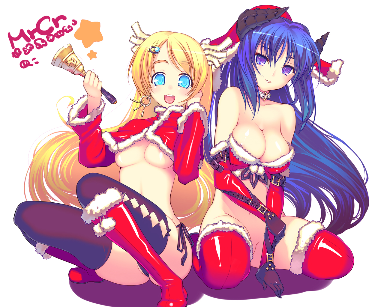 coffee cat, original, 2girls, bell, blonde hair, blue eyes, blue hair, bottomless, breasts, bustier, christmas, cleavage, collar, earrings, elbow gloves, front-tie top, gloves, handbell, horns, jewelry, large breasts, lingerie, long hair, multiple girls, open mouth, panties, purple eyes, santa costume, side-tie panties, smile, thighhighs, underboob, underwear