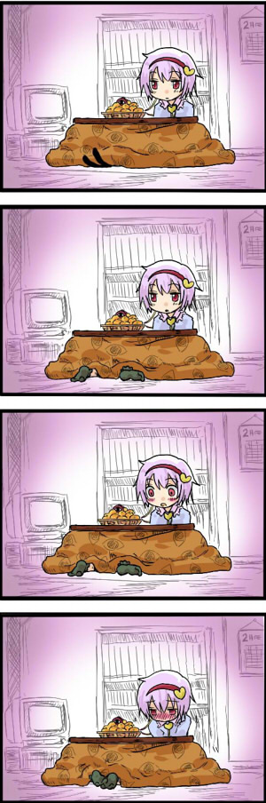 seki (red shine), kaenbyou rin, komeiji satori, touhou, long image, tall image, 2girls, 4koma, blush, comic, kotatsu, multiple girls, short hair, silent comic, table, yuri