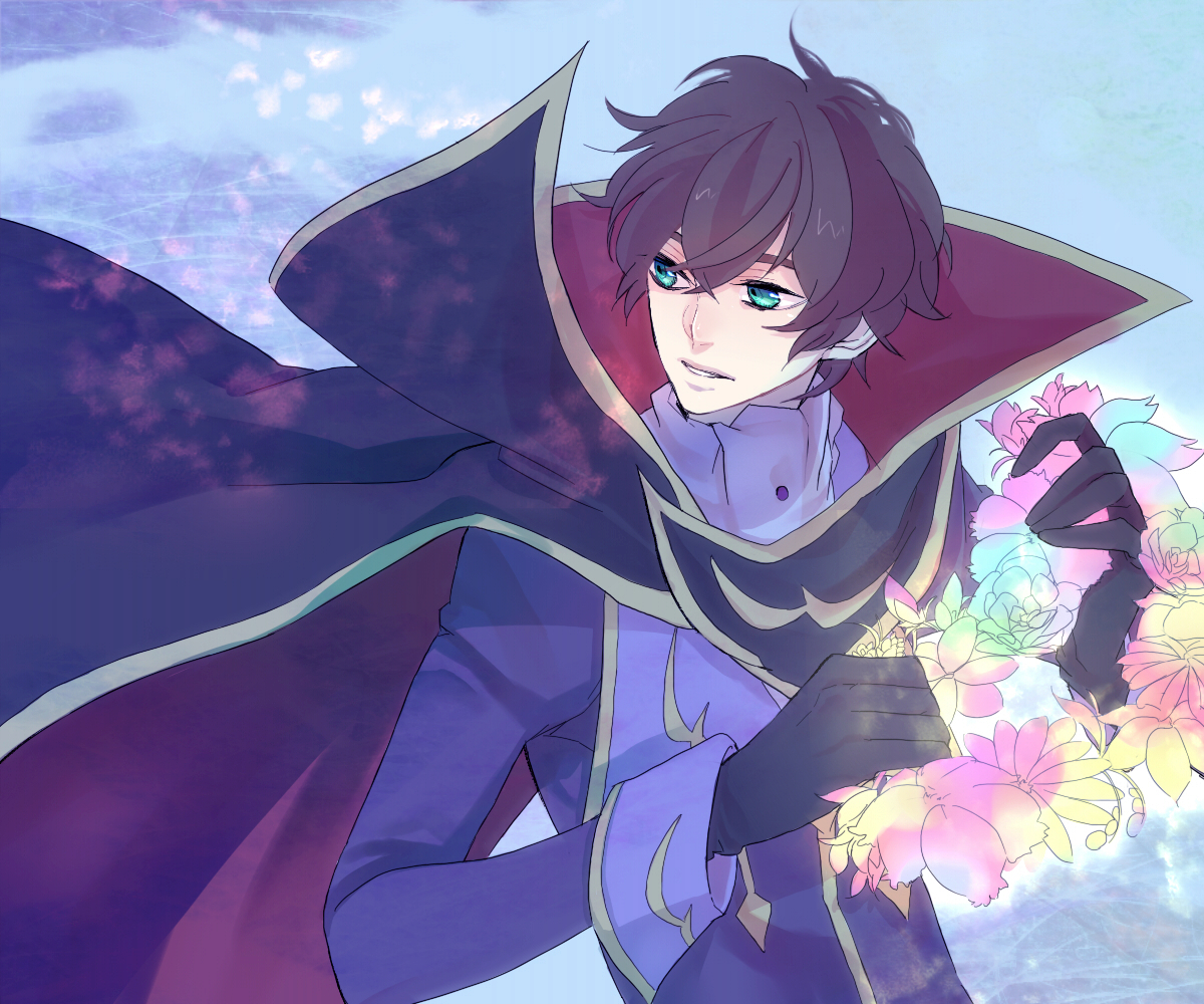 mayumika, kururugi suzaku, zero (code geass), code geass, bad id, bad pixiv id, spoilers, 00s, 1boy, ascot, brown hair, cape, crown, flower, gloves, green eyes, head wreath, holding, long sleeves, looking back, male focus, short hair, solo