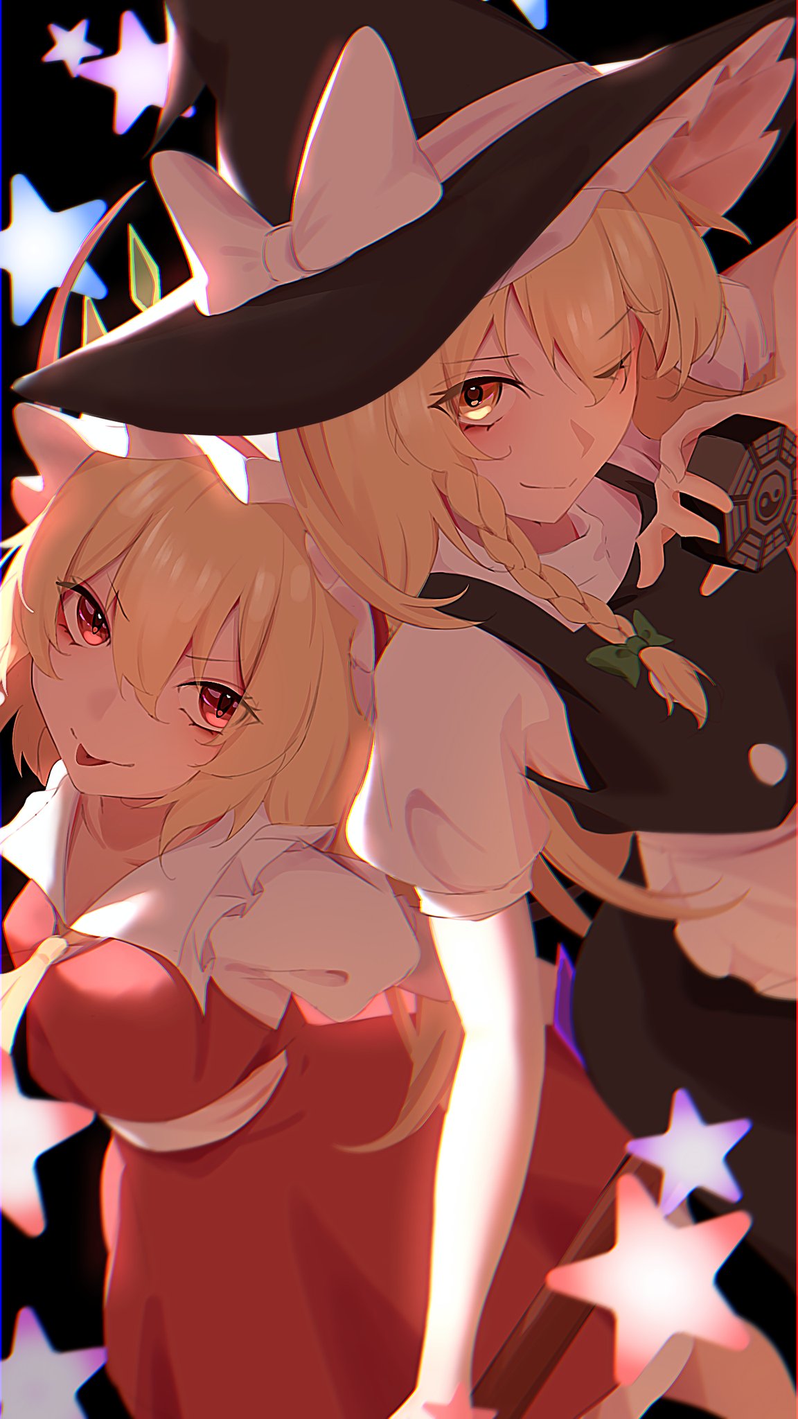 25omega25, flandre scarlet, kirisame marisa, touhou, commentary, highres, 2girls, :p, apron, ascot, black hat, black skirt, black vest, blonde hair, bow, braid, broom, closed mouth, collared shirt, crystal, crystal wings, eyes visible through hair, frilled shirt collar, frills, green bow, hair bow, hat, hat bow, holding, holding broom, looking at viewer, mini-hakkero, mob cap, multiple girls, one eye closed, one side up, puffy short sleeves, puffy sleeves, red eyes, red skirt, red vest, shirt, short sleeves, side braid, single braid, skirt, skirt set, smile, star (symbol), tongue, tongue out, vest, waist apron, white apron, white bow, white hat, white shirt, wings, witch hat, yellow ascot