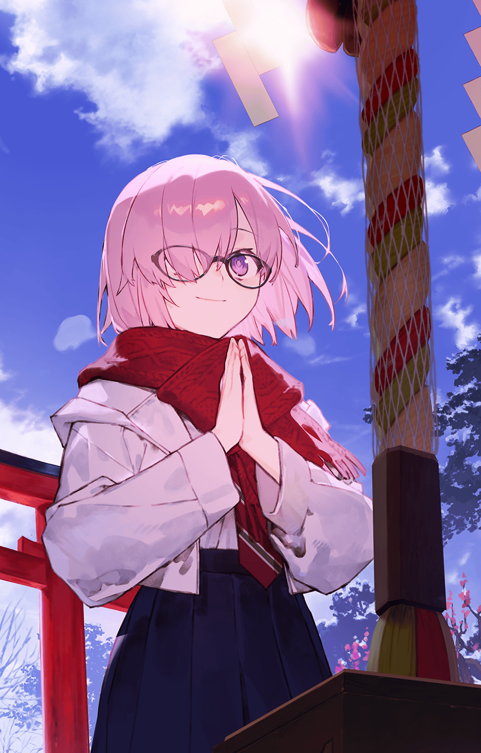 noco (adamas), mash kyrielight, fate/grand order, fate (series), highres, official art, second-party source, 1girl, black-framed eyewear, blue sky, cloud, day, glasses, hair over one eye, jacket, long sleeves, new year, outdoors, own hands together, pink hair, praying, purple eyes, red scarf, scarf, short hair, sky, smile, solo, torii, tree, winter, winter clothes