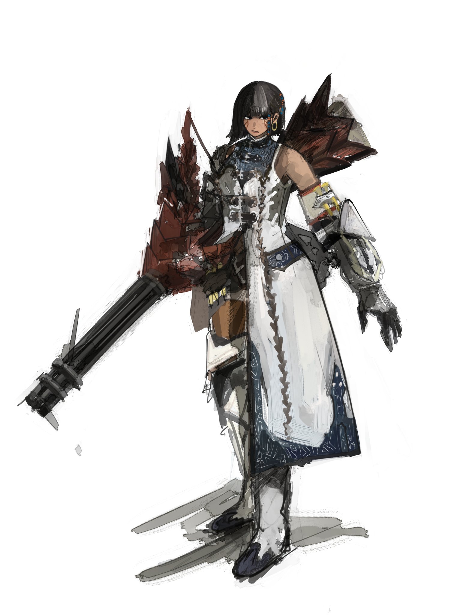 chana (oochan 25), monster hunter (series), monster hunter wilds, highres, 1girl, armor, belt, black gloves, black hair, bob cut, breasts, dark-skinned female, dark skin, facepaint, gauntlets, gloves, gun, holding, holding gun, holding weapon, looking at viewer, multiple belts, nadia (monster hunter wilds), pants, shirt, simple background, sleeveless, smile, solo, very dark skin, weapon, white pants