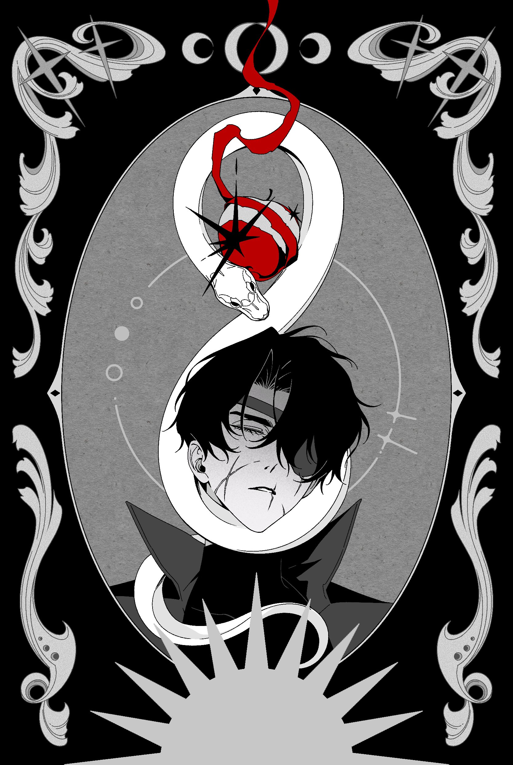 yoo joonghyuk, yoo joonghyuk (999th turn), omniscient reader's viewpoint, absurdres, highres, 1boy, apple, benkdjjituibot, black coat, black hair, black shirt, border, closed eyes, coat, cross scar, curtained hair, double-parted bangs, facing viewer, food, fruit, hair between eyes, head tilt, high collar, infinity symbol, male focus, noose, one eye covered, open clothes, open coat, ornate border, parted lips, popped collar, scar, scar on face, scar on mouth, shirt, snake, snake wrapped around neck, spot color, symbolism, upper body