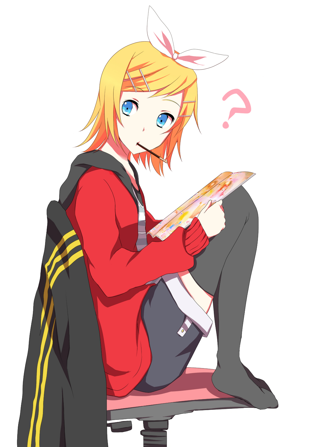 sakuranchu, kagamine rin, vocaloid, bad id, bad piapro id, highres, 1girl, ?, blonde hair, blue eyes, female focus, food, hair ornament, hair ribbon, hairclip, hanazakisakura, looking back, magazine (object), pocky, ribbon, short hair, shorts, simple background, sitting, solo, thighhighs