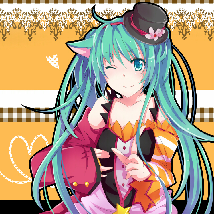 sakuranchu, hatsune miku, vocaloid, bad id, bad piapro id, 1girl, ahoge, animal ears, aqua eyes, aqua hair, detached sleeves, female focus, hanazakisakura, hat, long hair, mini hat, mini top hat, one eye closed, smile, solo, top hat, twintails, wink