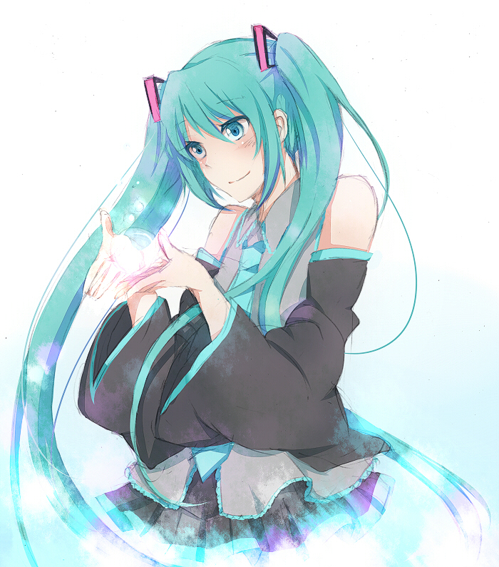 sakuranchu, hatsune miku, vocaloid, bad id, bad piapro id, 1girl, aqua eyes, aqua hair, detached sleeves, female focus, hanazakisakura, long hair, necktie, simple background, skirt, smile, solo, twintails, very long hair