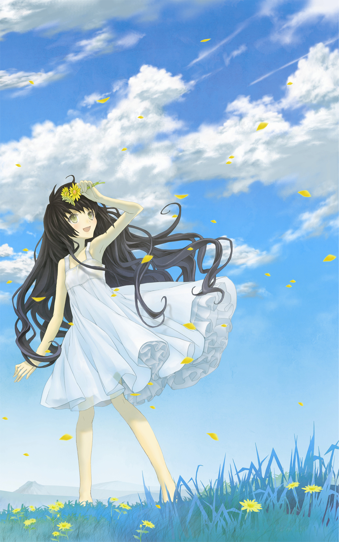 machi555, original, highres, armpits, black hair, brown eyes, cloud, day, dress, field, flower, long hair, petals, sky, solo