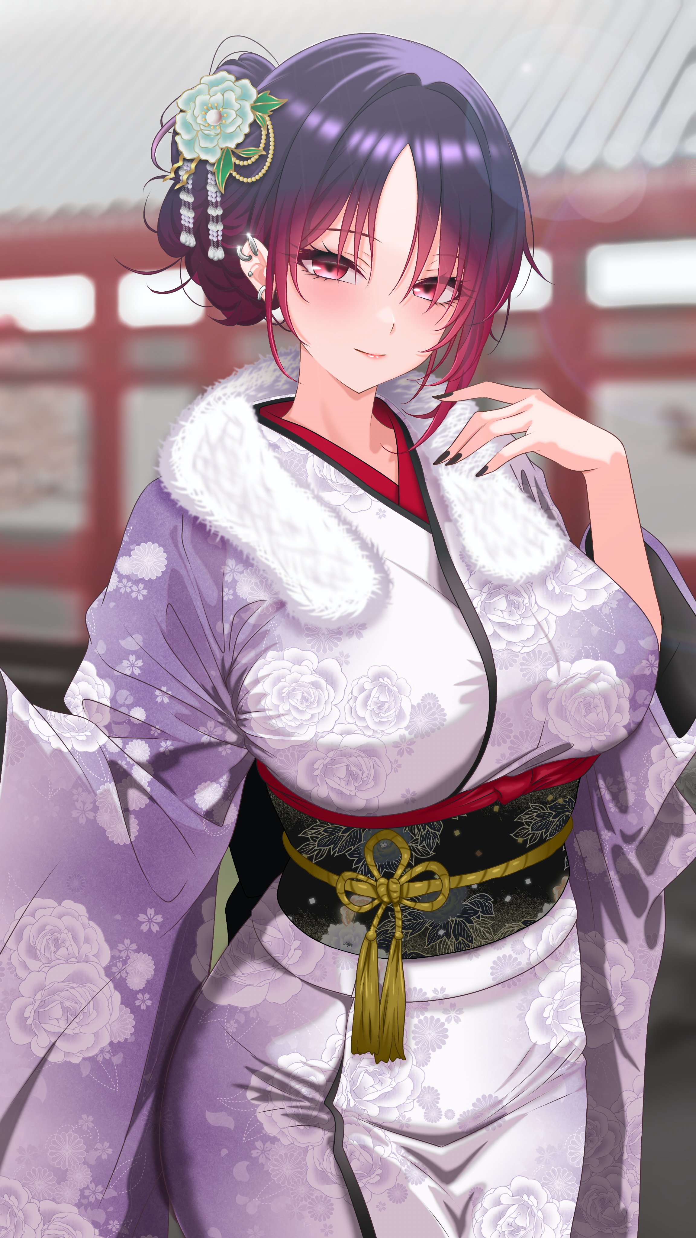 kisaragi ren (vspo!), vspo!, absurdres, commentary request, highres, 1girl, alternate costume, alternate hairstyle, black hair, blush, breasts, curry pilaf0504, floral print, flower, furisode, gradient hair, hair flower, hair ornament, japanese clothes, kimono, large breasts, long hair, long sleeves, looking at viewer, multicolored hair, red eyes, red hair, sash, solo, virtual youtuber, wide sleeves