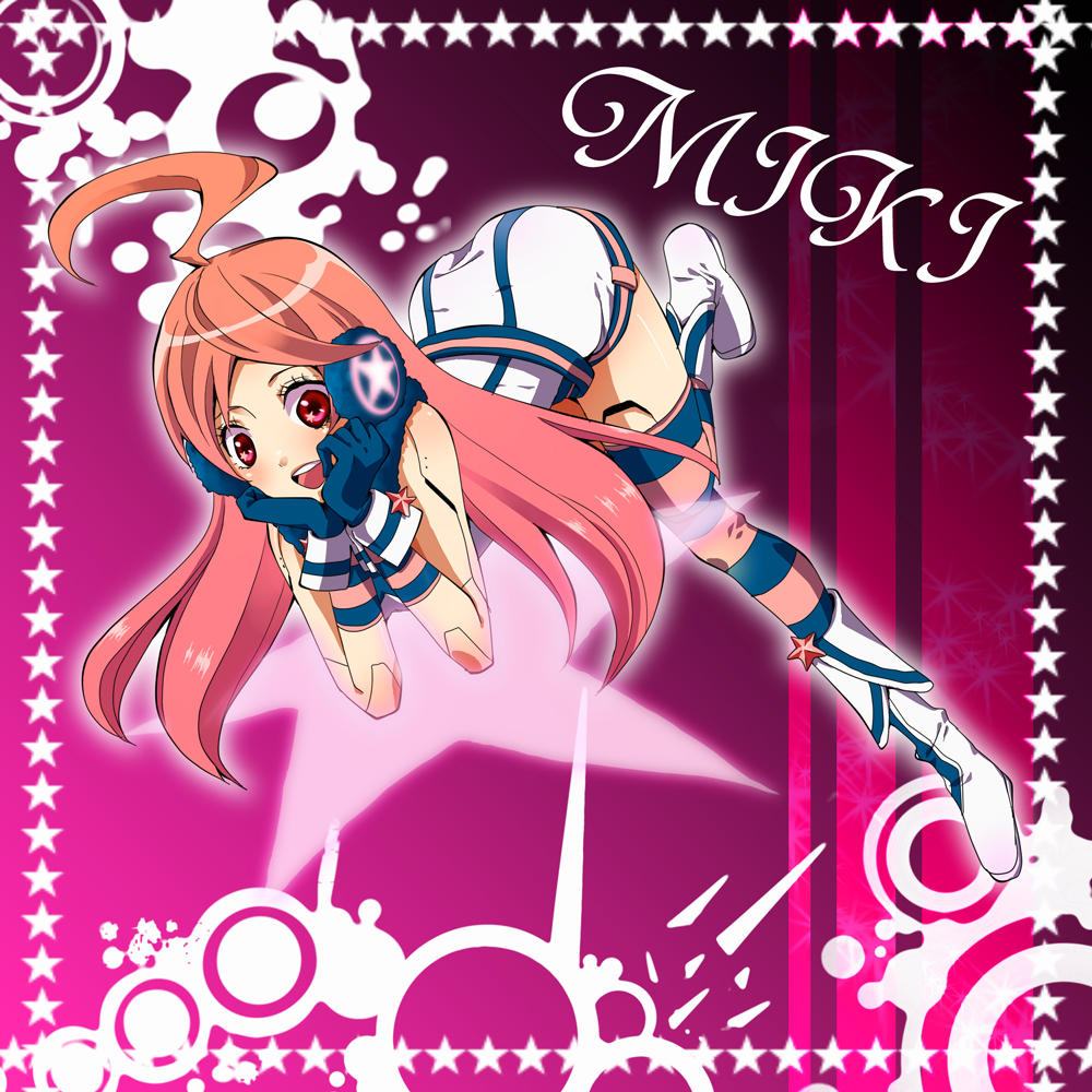 tamatasu, sf-a2 miki, vocaloid, bad id, bad pixiv id, + +, 1girl, ahoge, female focus, full body, gloves, headphones, joints, kneehighs, long hair, red eyes, red hair, robot joints, smile, socks, solo, striped clothes, striped gloves, striped socks, striped thighhighs, thighhighs, wrist cuffs, zettai ryouiki