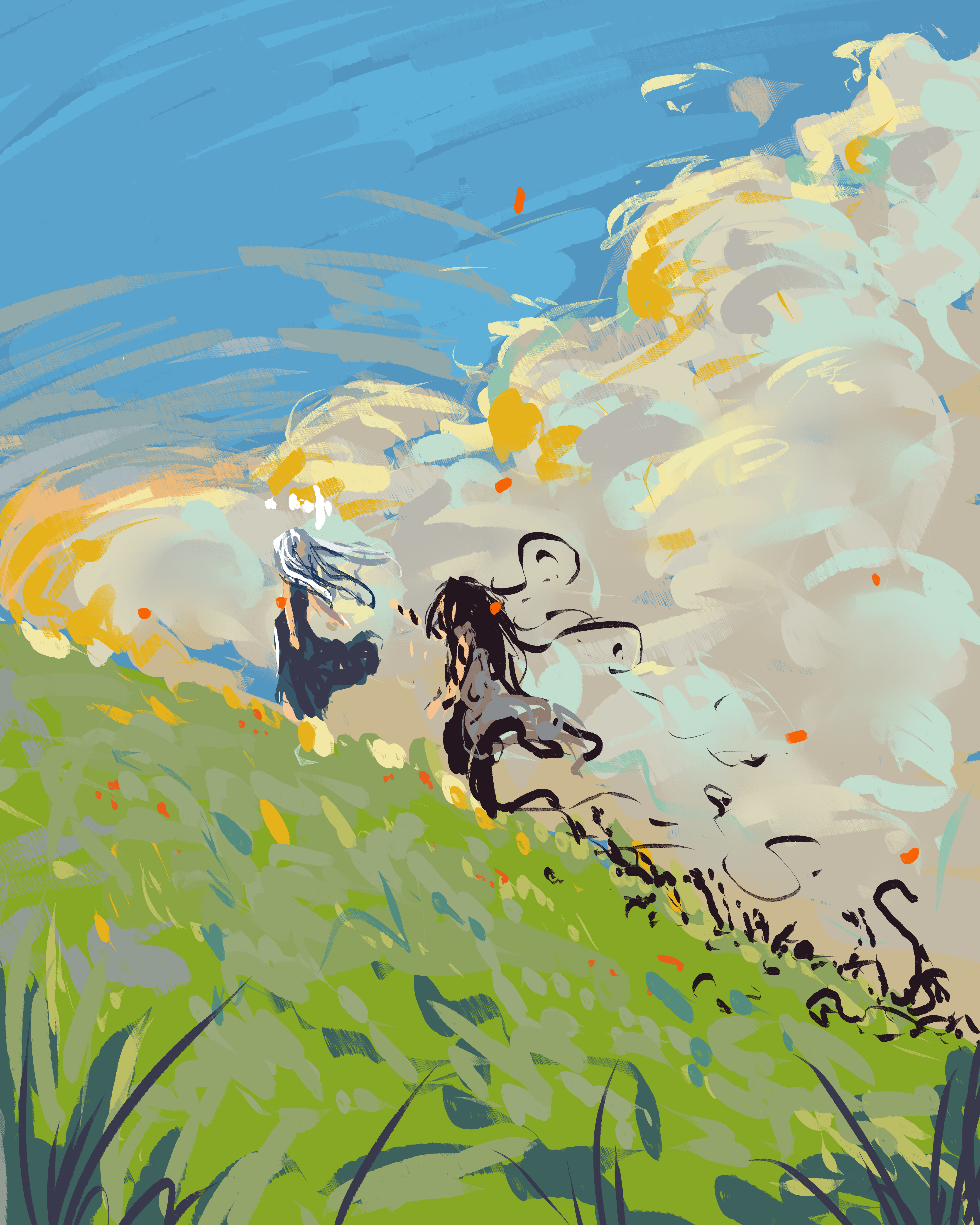 ignoramoose, sunny (shadow slave), shadow slave, studio ghibli, absurdres, highres, 1boy, 1girl, arm tattoo, blue dress, blue sky, cloud, cloudy sky, day, dress, dutch angle, faceless, falling petals, full body, grey tunic, hill, long hair, outdoors, outstretched arm, petals, reaching, reaching towards another, sky, smoke, snake tattoo, tattoo, tunic, walking, white hair, wind, wind flower (shadow slave)