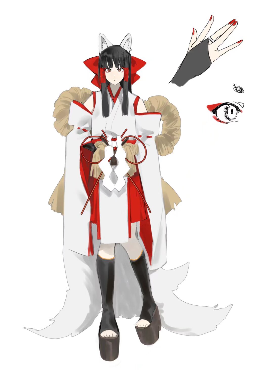 hakurei reimu, touhou, toeless socks, clothing request, highres, 1girl, alternate costume, animal ear fluff, animal ears, babaiwan fengchui, black hair, black socks, bridal gauntlets, brown eyes, detached sleeves, fox ears, fox tail, hair tubes, japanese clothes, kemonomimi mode, kimono, kitsune, kneehighs, looking at viewer, multiple tails, platform sandals, red nails, red skirt, ribbon-trimmed sleeves, ribbon trim, sandals, simple background, skirt, socks, solo, tail, toes, white background, white kimono