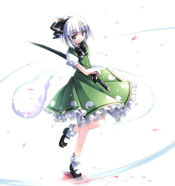 usume shirou, konpaku youmu, konpaku youmu (ghost), touhou, silver hair, 1girl, bow, female focus, fighting stance, full body, green eyes, hair ribbon, hairband, katana, petals, ready to draw, ribbon, sheath, sheathed, short hair, solo, sword, weapon, white background