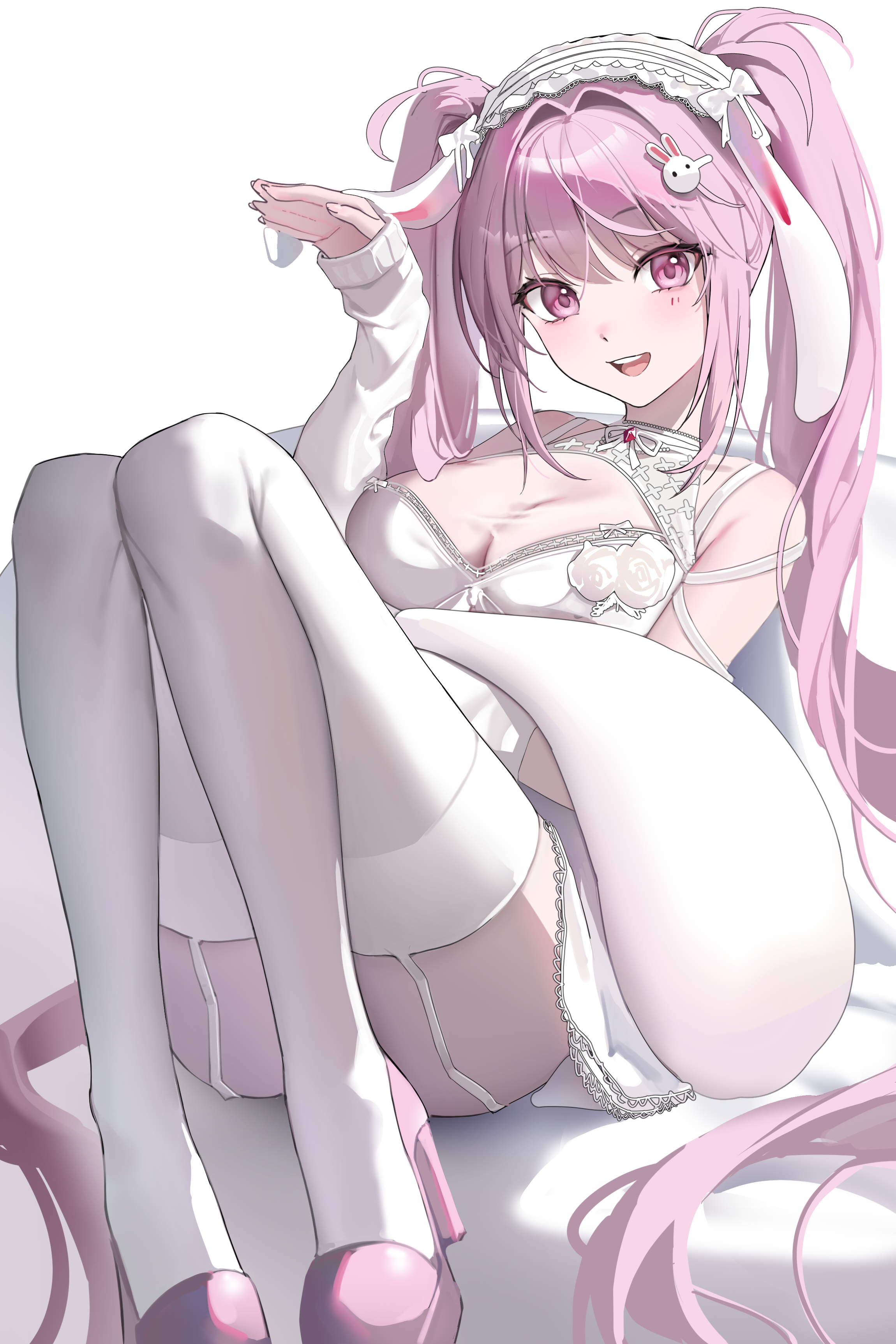 ggoong (pooplambgoong22), alice (nikke), goddess of victory: nikke, absurdres, highres, 1girl, alice (marchen dream) (nikke), breasts, cleavage, dress, garter straps, large breasts, long hair, looking at viewer, official alternate costume, pink eyes, pink hair, sitting, smile, solo, thighhighs, thighs, twintails, very long hair, white background, white dress, white garter straps, white thighhighs