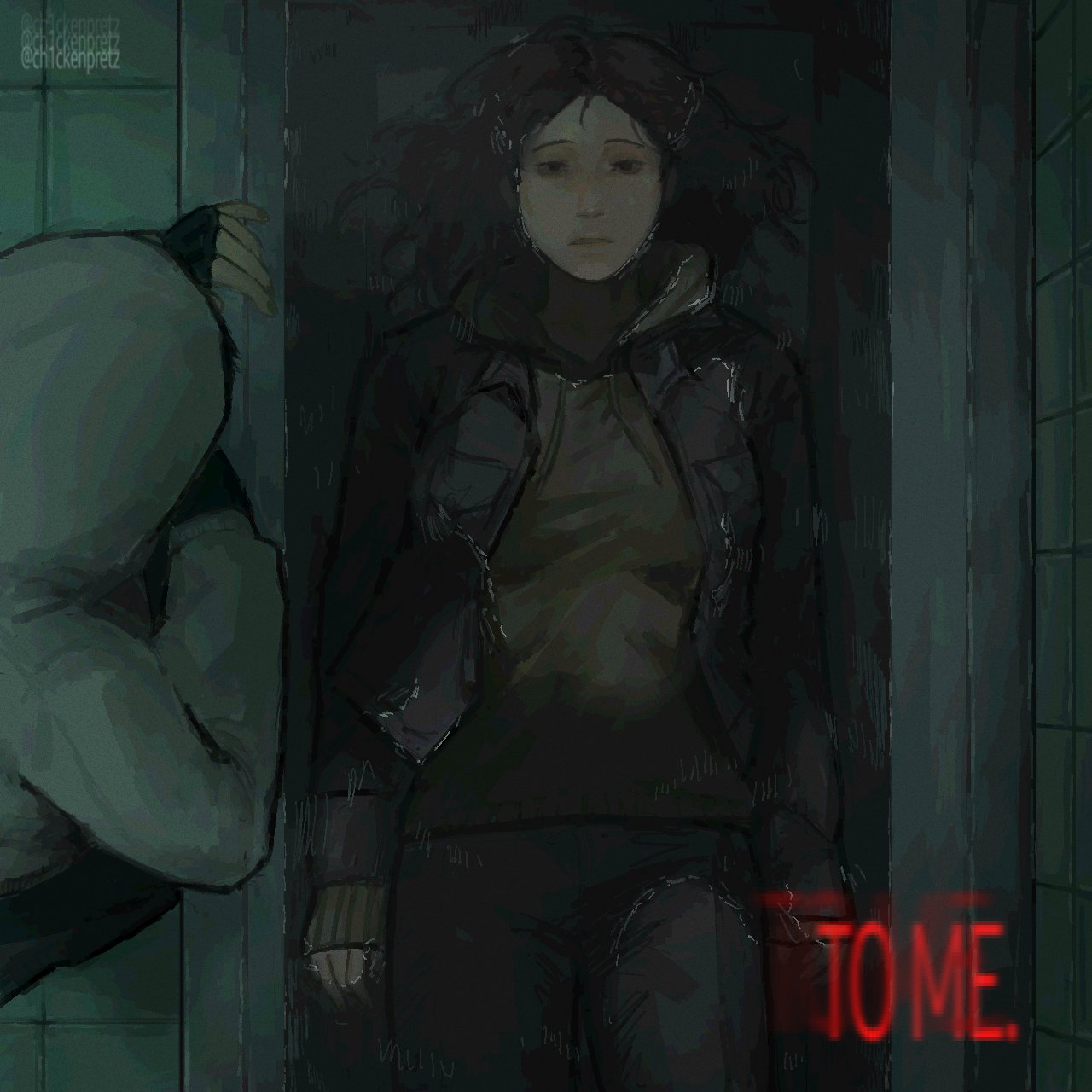 simon henriksson, cry of fear, highres, 1boy, 1girl, bathroom, bathtub, black gloves, blank stare, brown eyes, brown hair, ch1ckenpretz, corpse, english text, expressionless, feet out of frame, fingerless gloves, from above, gloves, grey hoodie, hood, hood down, hood up, hoodie, indoors, jacket, male yandere, partially submerged, short hair, sophie (cry of fear), tile wall, tiles, yandere