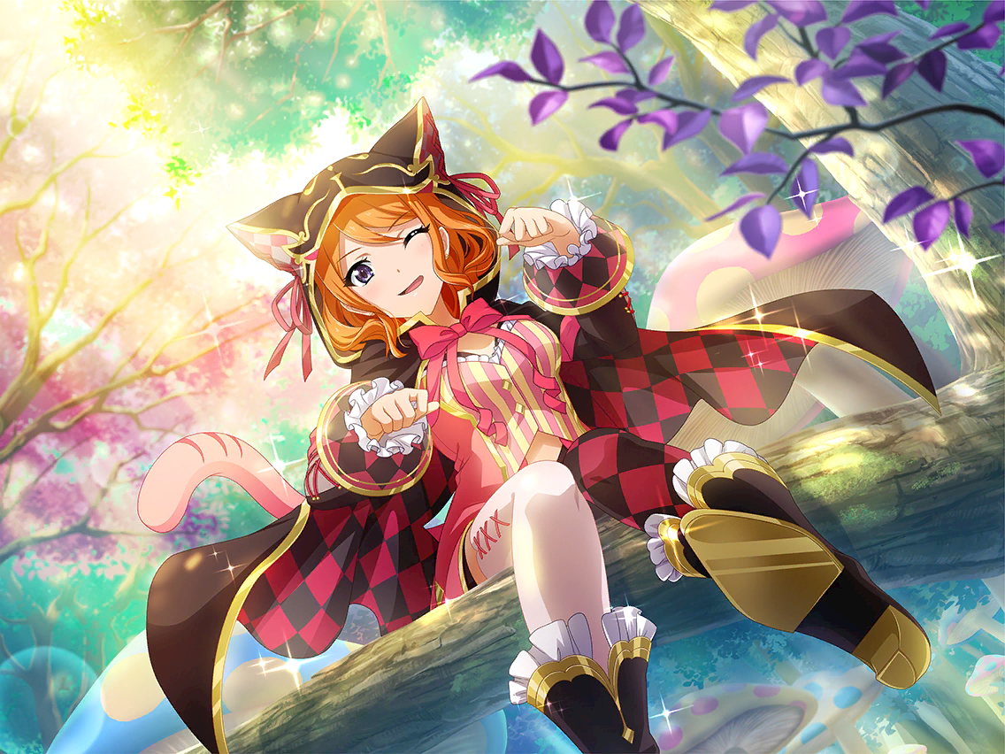 cheshire cat (alice in wonderland), ebisu tsukasa, alice's adventures in wonderland, shoujo kageki revue starlight, shoujo kageki revue starlight -re live-, flower request, game cg, official art, 1girl, animal hood, asymmetrical legwear, black boots, boots, bow, bowtie, brown cape, cape, cat hood, cat tail, checkered cape, checkered clothes, cheshire cat (alice in wonderland) (cosplay), cosplay, fake tail, frilled sleeves, frills, high heel boots, high heels, hood, hooded cape, long sleeves, looking at viewer, mismatched legwear, one eye closed, orange hair, parted lips, paw pose, pink bow, pink bowtie, purple eyes, short hair, sitting, solo, tail, thighhighs, tree, two-sided cape, two-sided fabric, white thighhighs