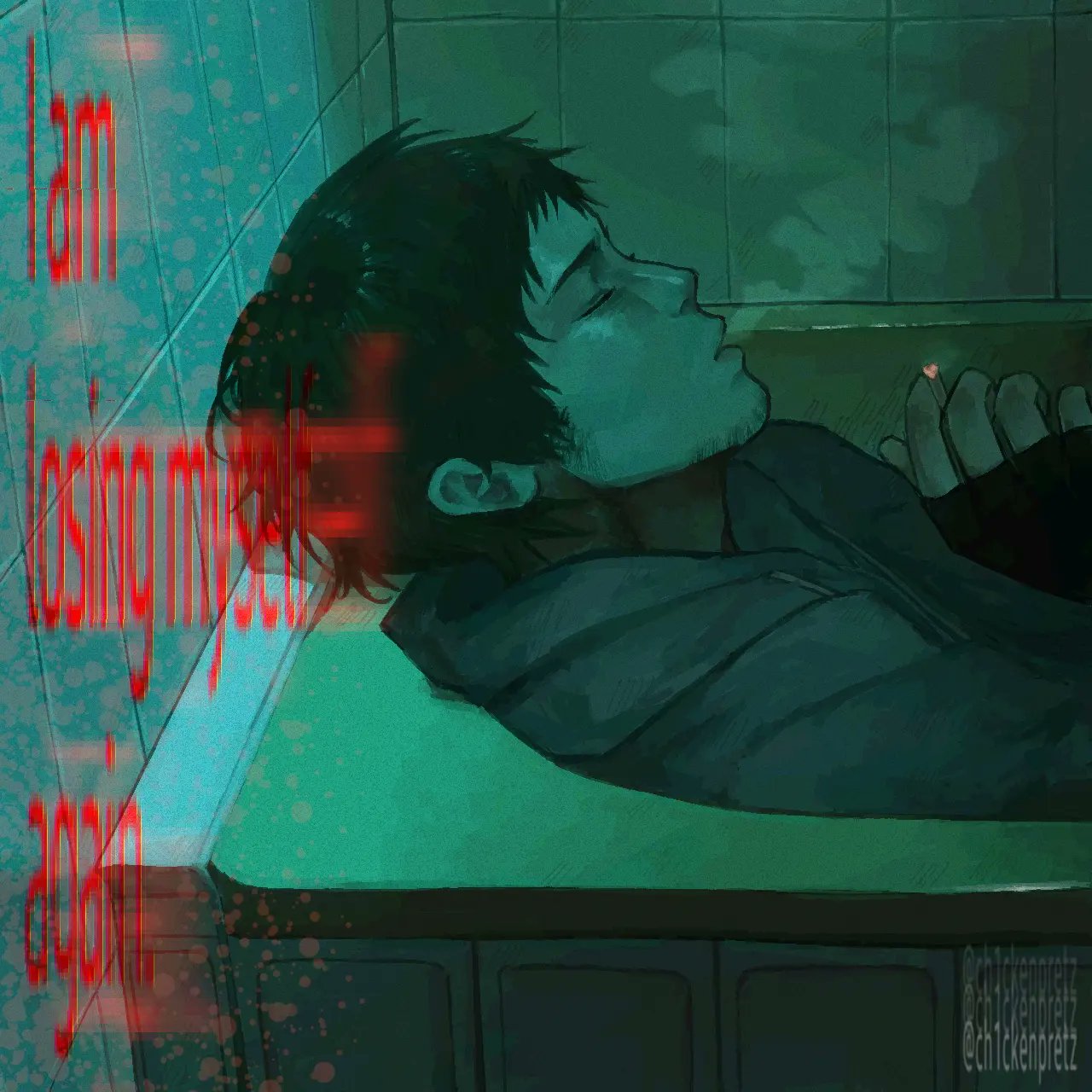 simon henriksson, cry of fear, highres, 1boy, bathroom, bathtub, beard stubble, black gloves, black hair, blood, blood splatter, ch1ckenpretz, cigarette, closed eyes, facial hair, fingerless gloves, from side, gloves, green theme, grey hoodie, holding, holding cigarette, hood, hood down, hoodie, indoors, leaning back, male focus, short hair, smoke, smoke trail, smoking, solo, stubble, tile wall, tiles, upper body