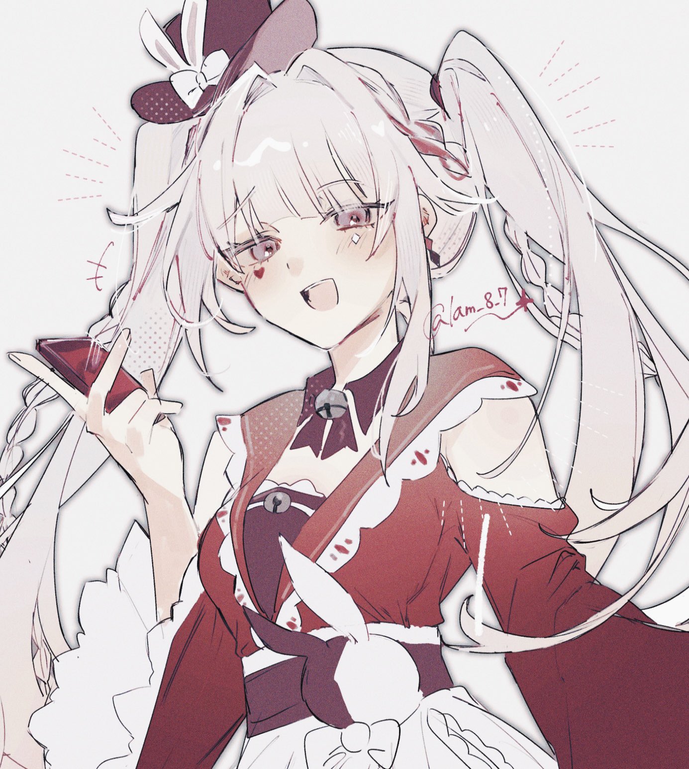 kino-cands, sparkle (honkai: star rail), sparxie (honkai: star rail), honkai: star rail, honkai (series), highres, 1girl, bell, clothing cutout, diamond on cheek, grey background, hat, heart on cheek, multicolored hair, red eyes, red streaks, shoulder cutout, streaked hair, twintails, watermark, white hair