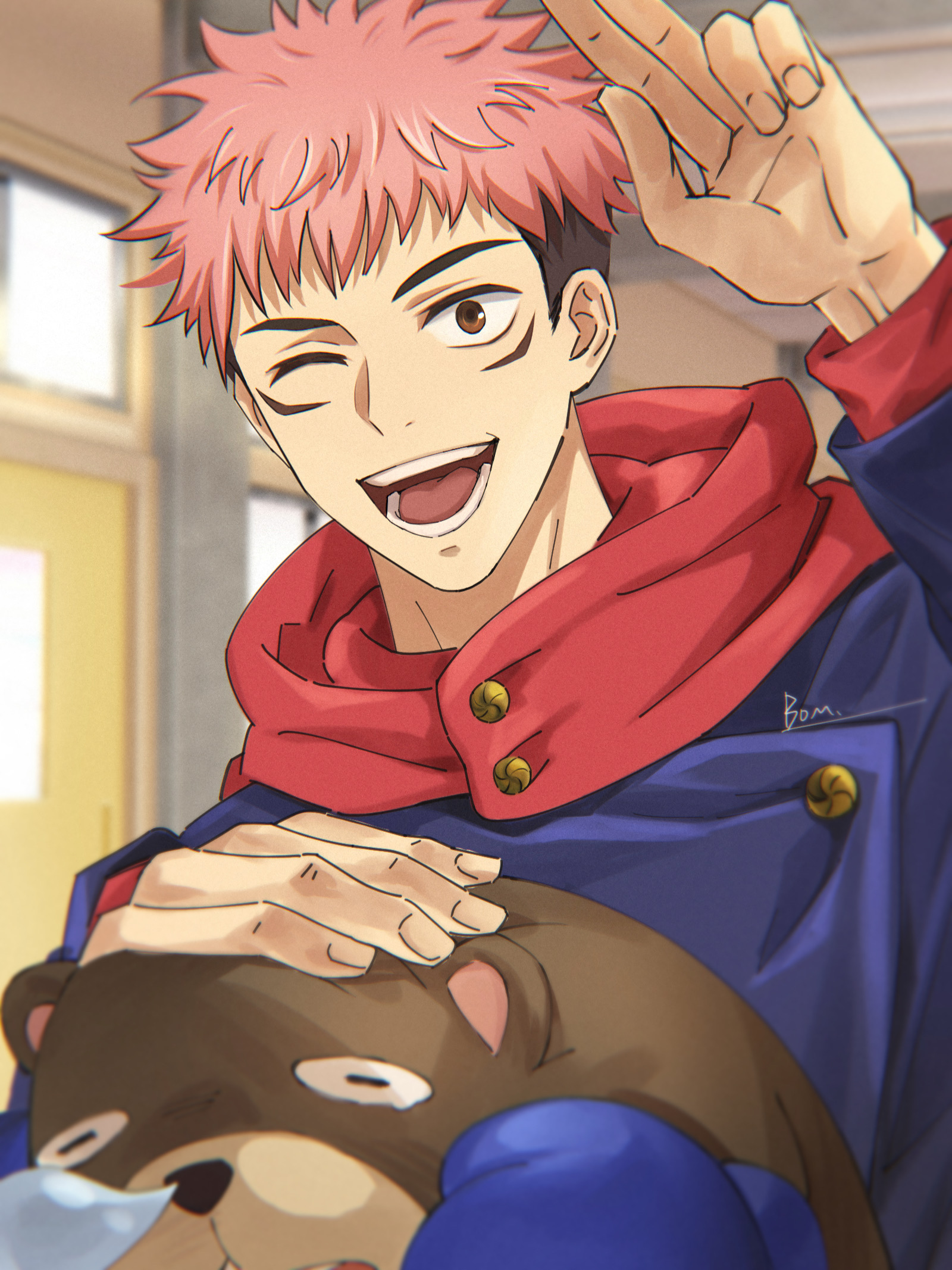 bom-r, itadori yuuji, jujutsu kaisen, commentary request, highres, 1boy, bear, blurry, blurry background, brown eyes, long sleeves, looking at viewer, male focus, one eye closed, open mouth, pink hair, short hair, sideburns, signature, solo, undercut, upper body