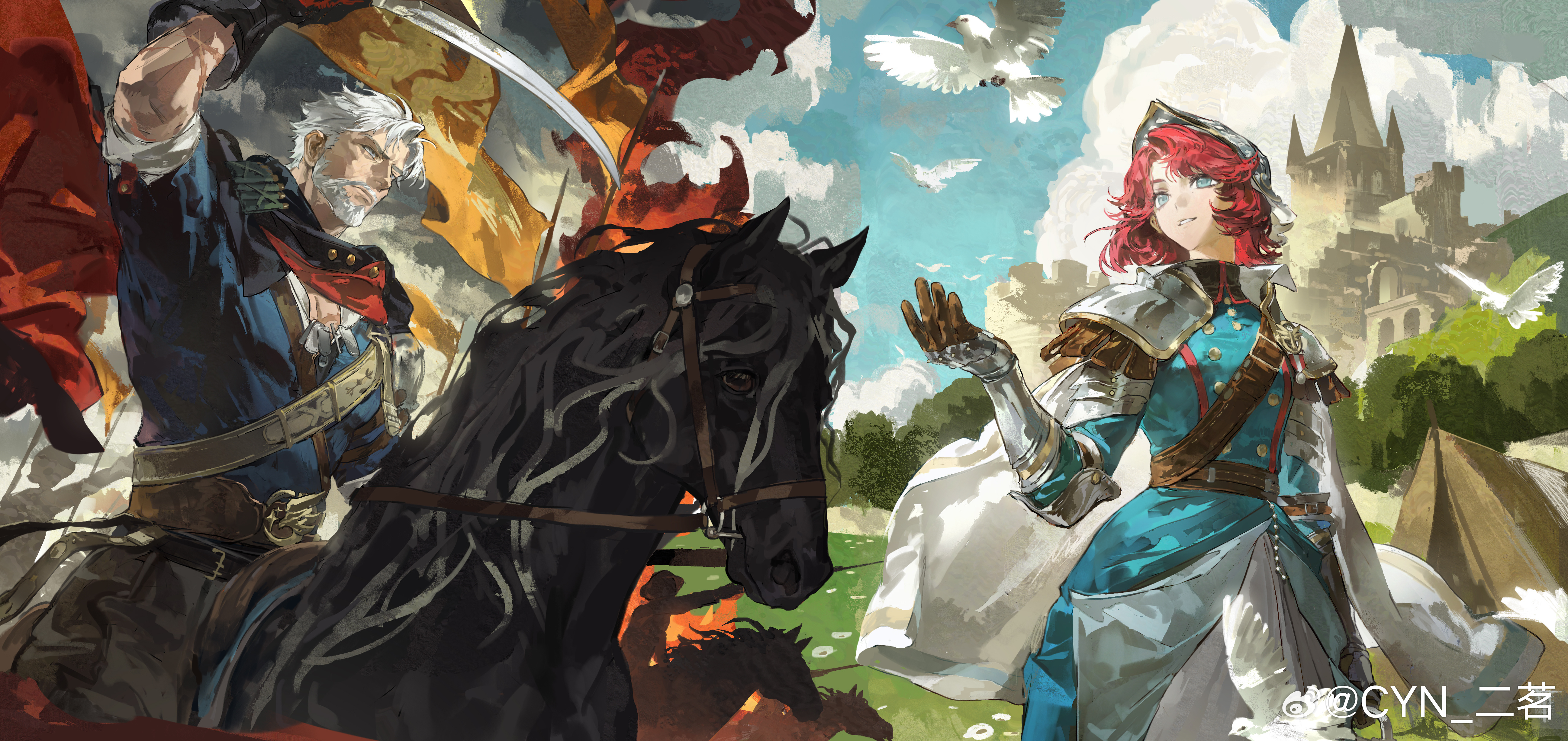 erming225, igor (reverse:1999), reverse:1999, absurdres, highres, 1boy, 1girl, arm up, armor, badge, belt, bird, black gloves, black horse, black pants, black shirt, blue coat, blue eyes, blue sky, brown belt, buttons, cape, castle, cloud, cloudy sky, coat, day, double-breasted, dove, flag, gauntlets, gloves, grin, hand up, helmet, hill, holding, holding reins, holding sword, holding weapon, horseback riding, looking at animal, looking up, marsha (reverse:1999), mature male, missing commentary, muscular, muscular male, old, old man, outdoors, pants, red cape, red hair, reins, riding, sam browne belt, shirt, short hair, short sleeves, shoulder armor, sky, smile, soldier, sword, tent, upper body, watermark, weapon, weibo watermark, white beard, white bird, white cape, white hair