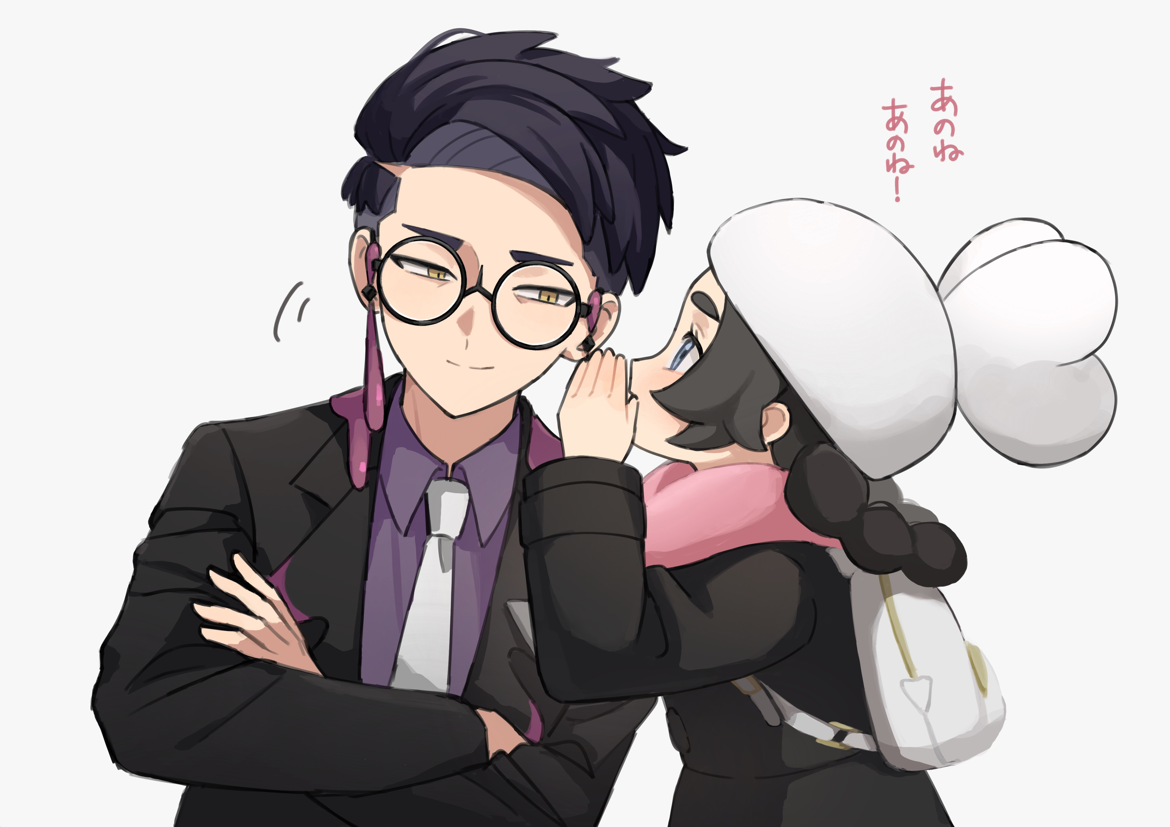 mukomaru, ansha (pokemon), corbeau (pokemon), nintendo, pokemon, pokemon legends: z-a, absurdres, commentary request, highres, translation request, 1boy, 1girl, backpack, bag, black-framed eyewear, black coat, black hair, black jacket, blue eyes, closed mouth, coat, collared shirt, glasses, half-closed eyes, hand up, hat, jacket, long hair, long sleeves, necktie, pink scarf, round eyewear, scarf, shirt, short hair, smile, whispering in ear, white background, white bag, white hat, white necktie, yellow eyes
